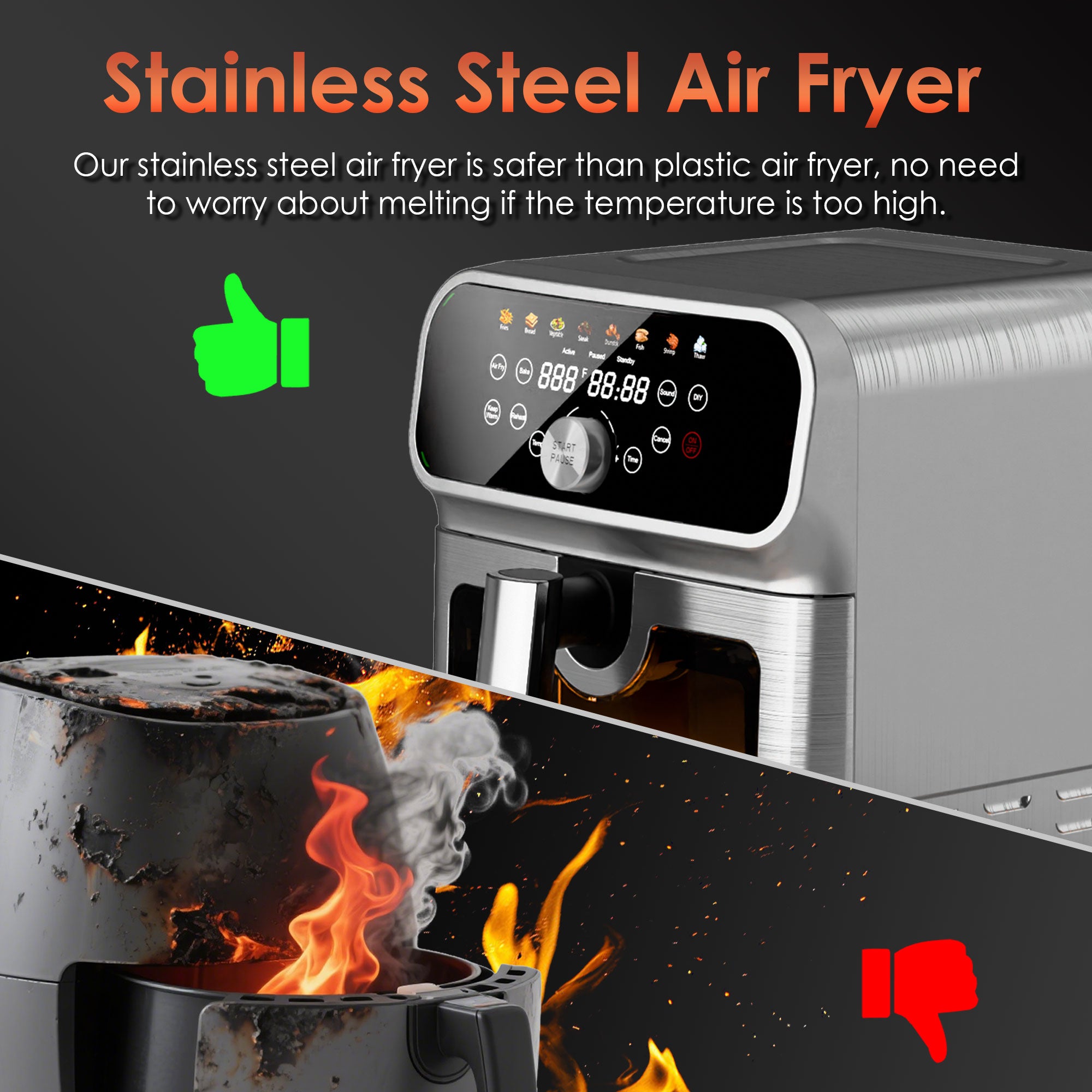WHALL Stainless Steel 6QT Air Fryer with Visual Window, 8 Preset Menus & 360° Rapid Air Circulation for Healthy Oil-Less Cooking