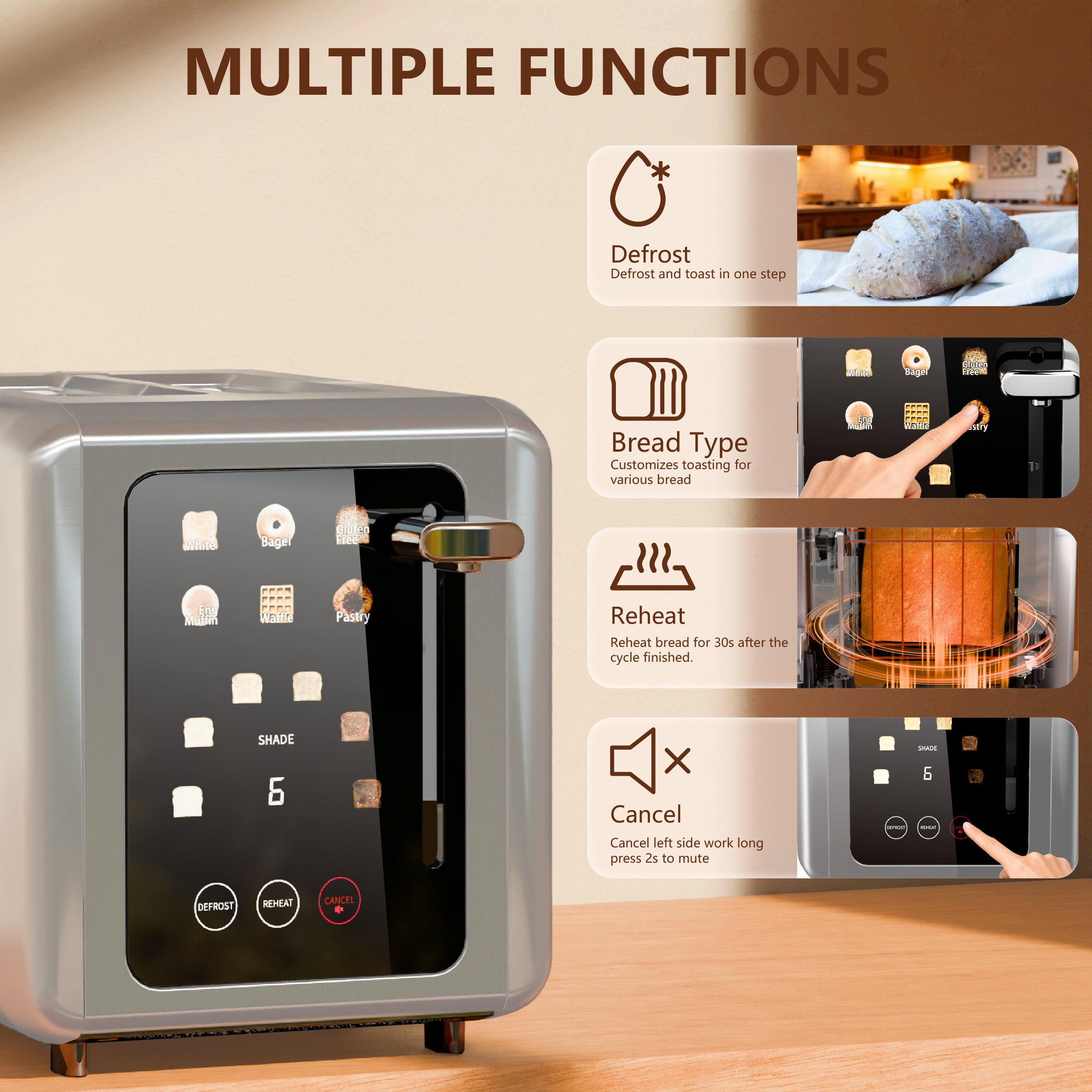 WHALLULTRA 2 Slice Touch Screen Toaster Smart Digital with 1.5" Wide Slots, 6 Settings, Memory Function, Countdown Timer, Brushed Stainless