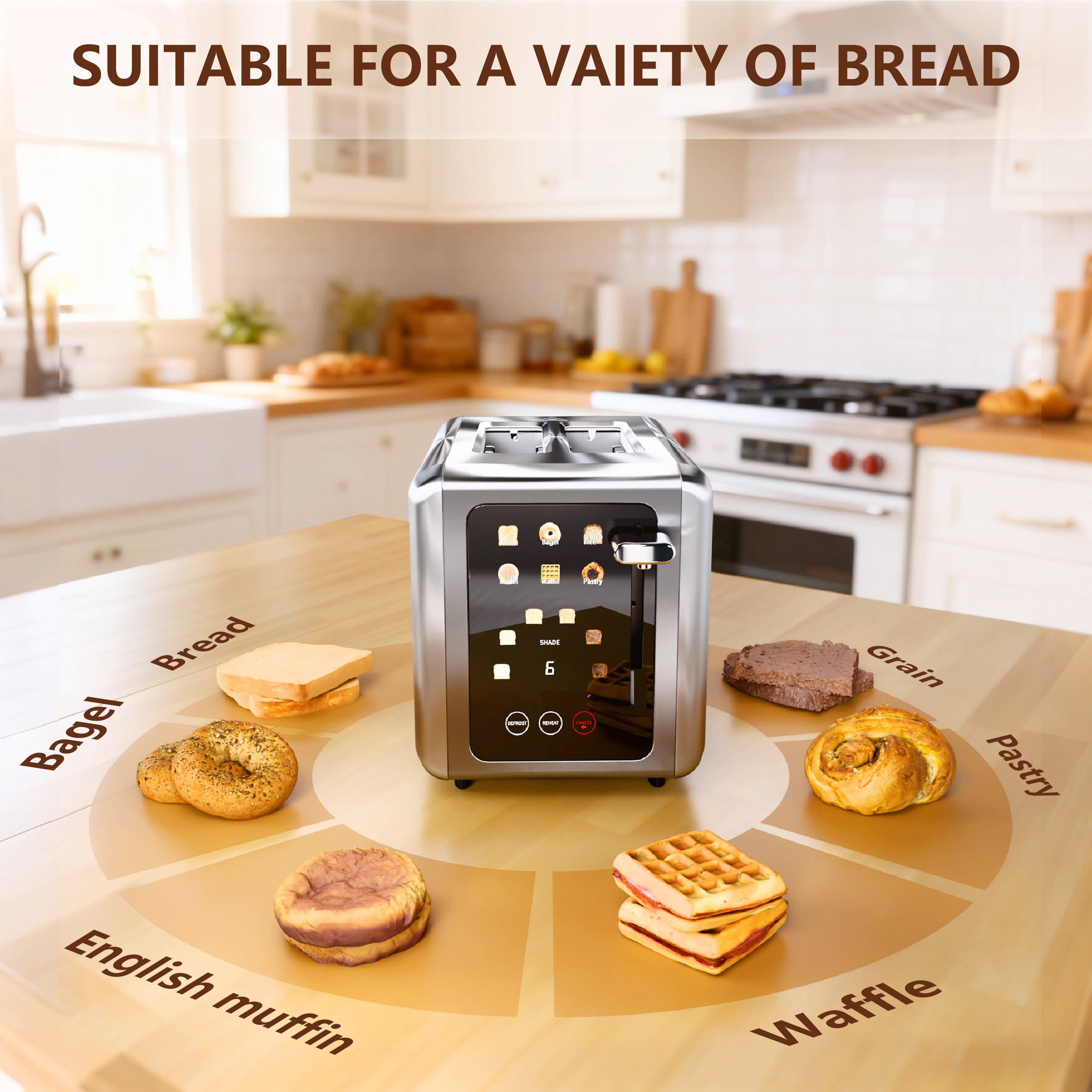 WHALLULTRA 2 Slice Touch Screen Toaster Smart Digital with 1.5" Wide Slots, 6 Settings, Memory Function, Countdown Timer, Brushed Stainless