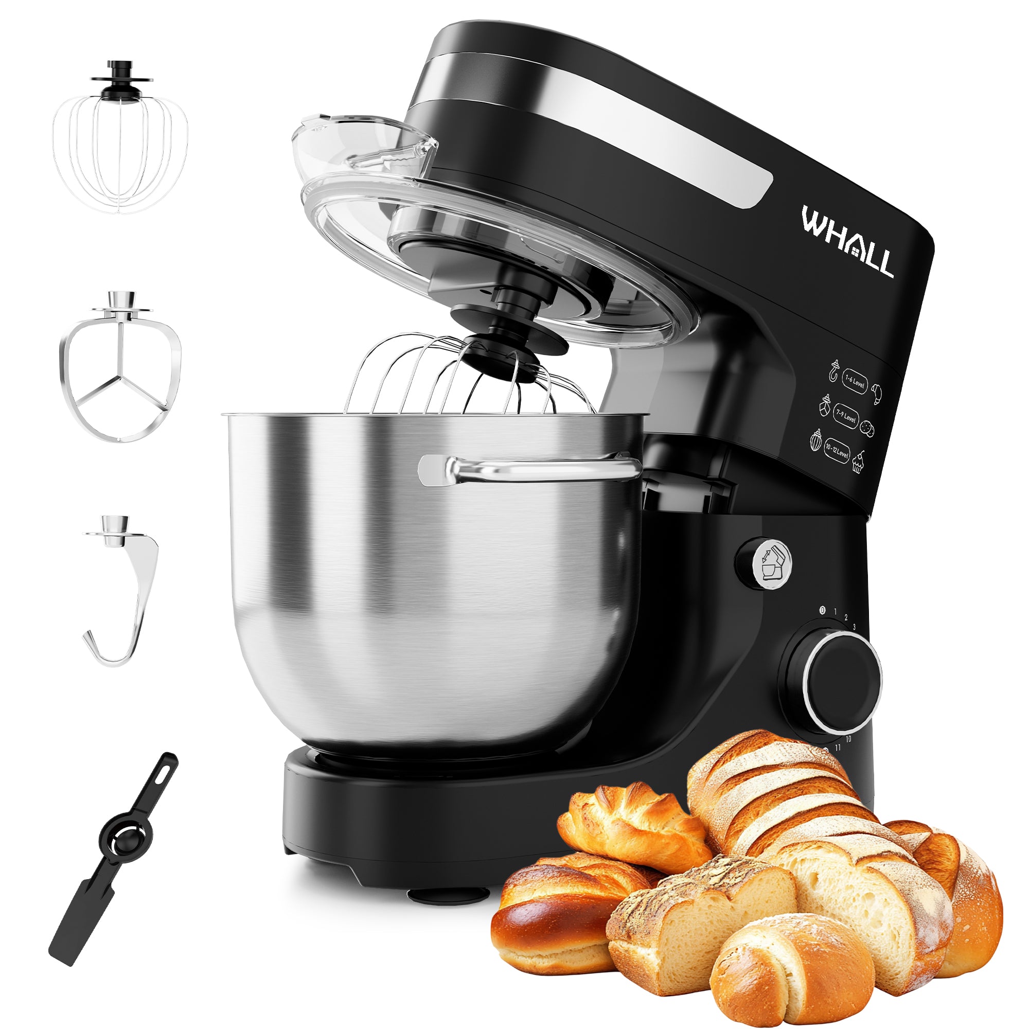 WHALL 5.5 Qt Tilt-Head Stand Mixer, Black with Dough Hook, Wire Whip, Beater