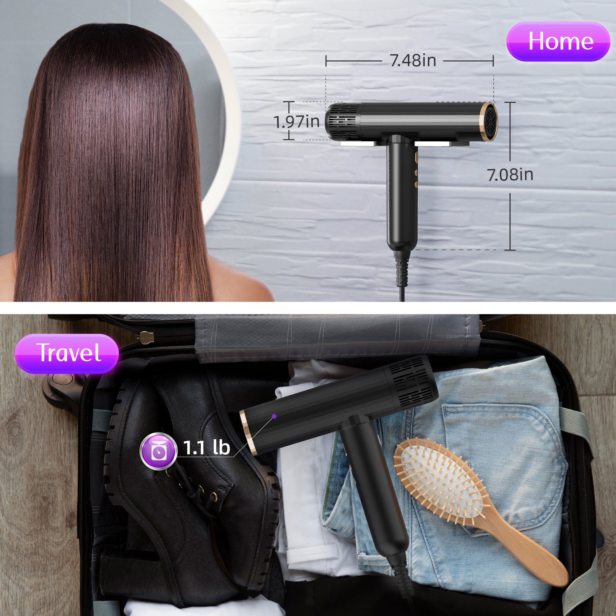 NICEBAY Hair Dryer, 110000RPM Ionic Blow Dryer, Fast Drying, Low Noise, Portable Diffuser and Nozzle, Compact Mini Blowout Dryer, Travel Blow Dryer