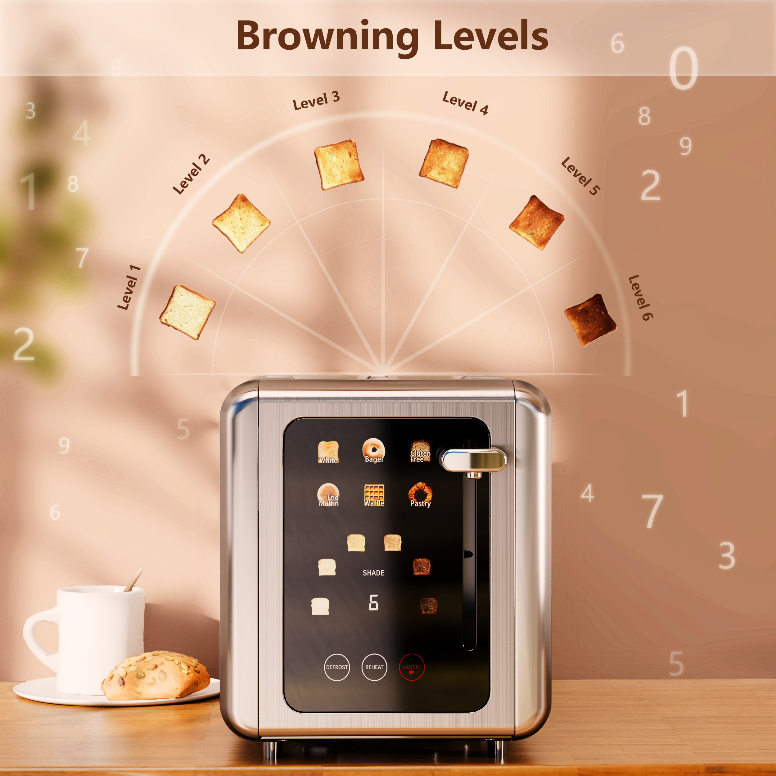 WHALLULTRA 2 Slice Touch Screen Toaster Smart Digital with 1.5" Wide Slots, 6 Settings, Memory Function, Countdown Timer, Brushed Stainless