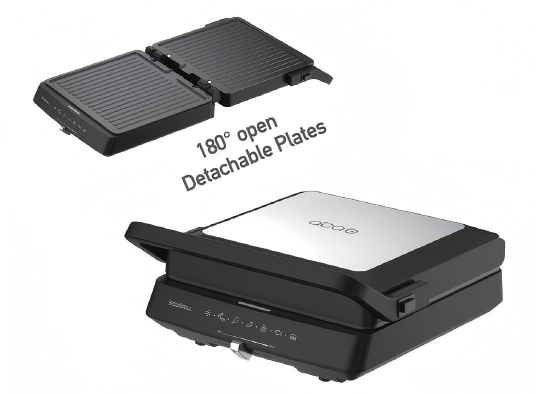 WHALL 4‑in‑1 1600W Indoor Grill & Griddle Combo, Black, Opens Flat, Removable Non‑stick Plates