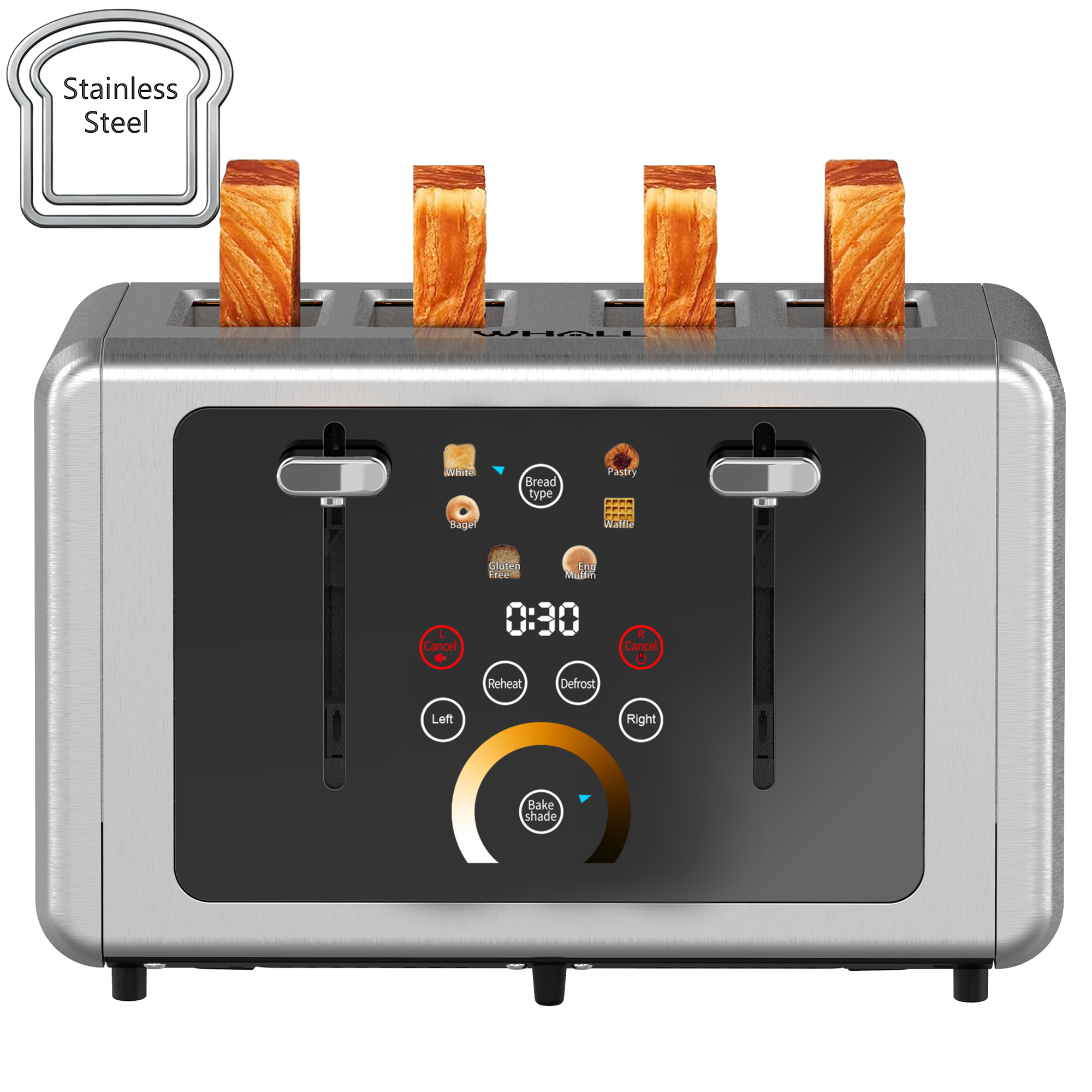 WHALLULTRA Touchscreen Toaster 4 Slice - Stainless Steel Toaster, 6 Shade Settings, Extra Wide Slots Toaster