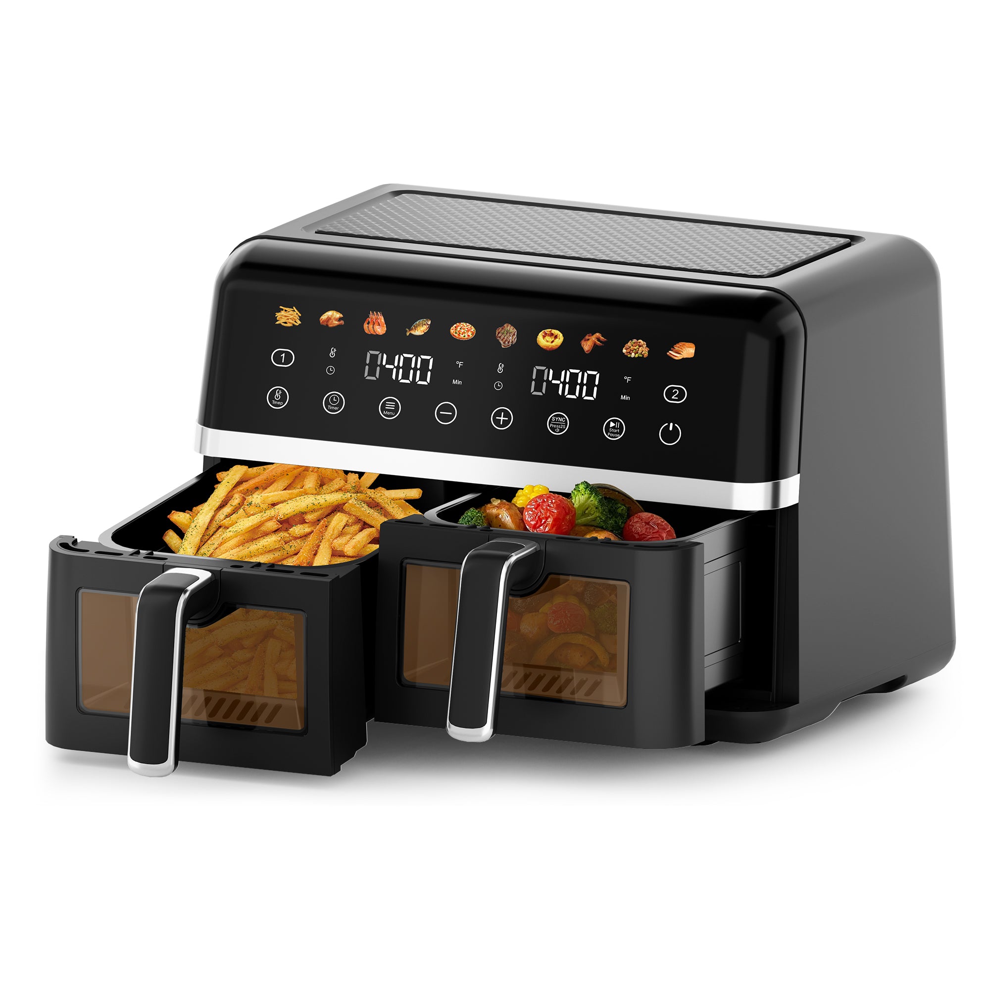 WHALL Dual Basket Digital Air Fryer Oven with View Windows, 2 Independent 5 Qt Baskets, 1800W, New