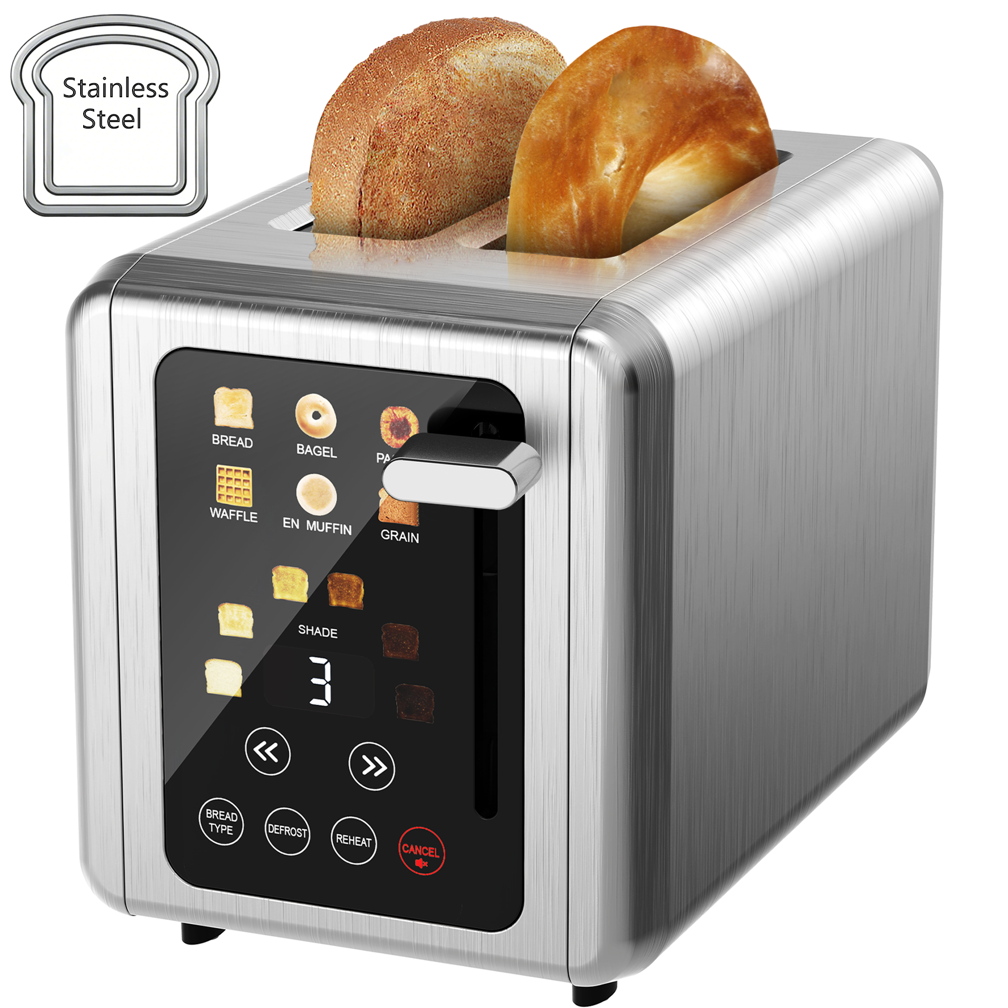 WHALLSE 2‑Slice Touchscreen Toaster, Stainless Steel, 1.5" Wide Slot, Bagel Defrost, 850W