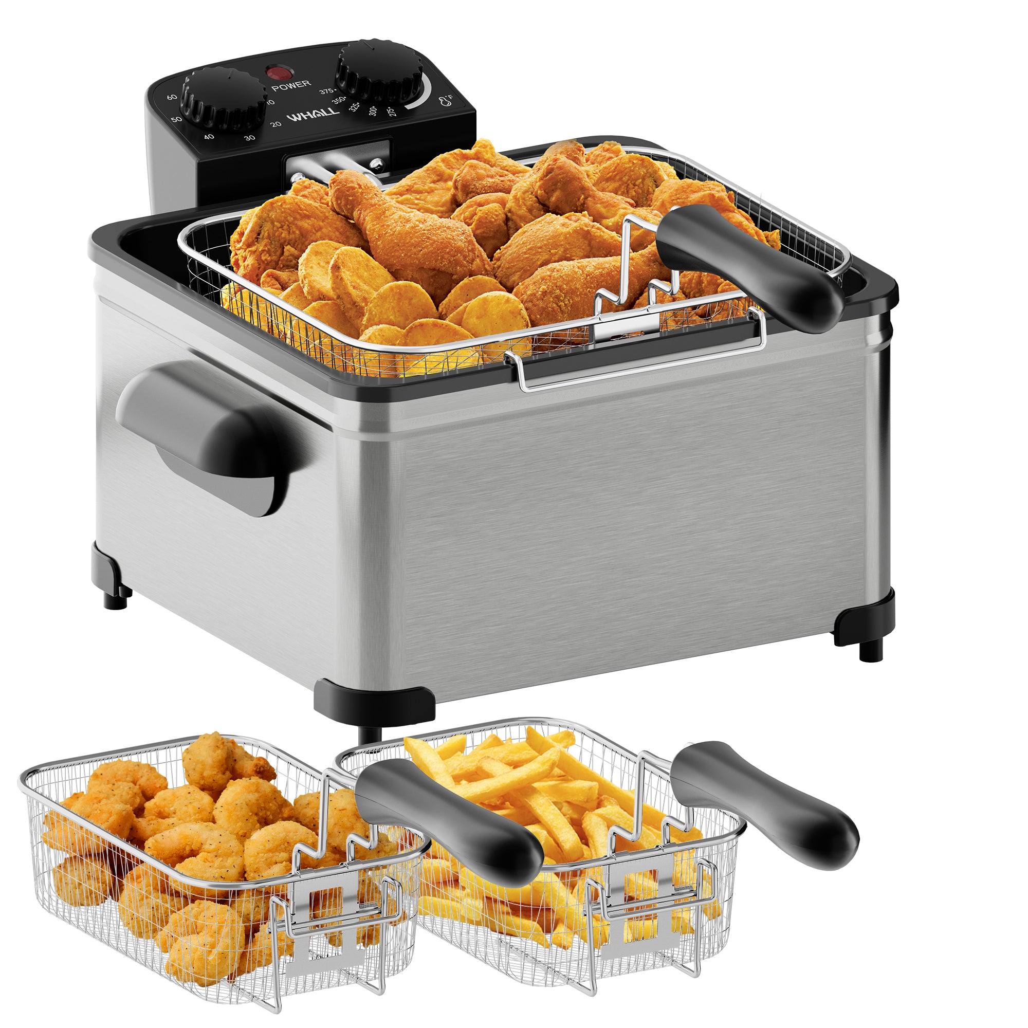 WHALL 5.3QT Electric Deep Fryer, 1700W Stainless Steel Fryer with Triple Baskets, Adjustable Temperature Control, Perfect for Family Meals and Parties