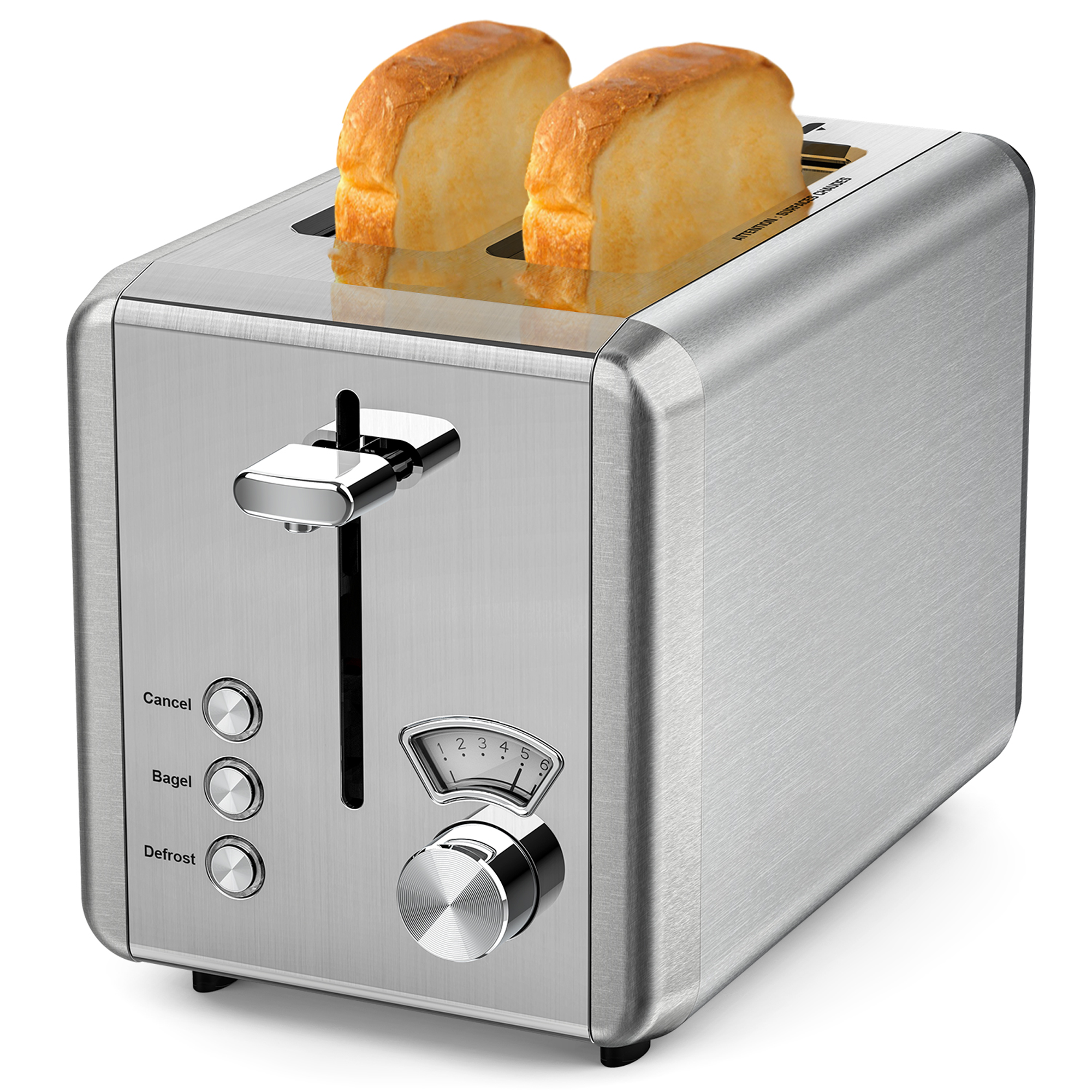 WHALL 2‑Slice Stainless Steel Toaster, Wide Slot, 6 Shade Settings with Bagel Function, Silver
