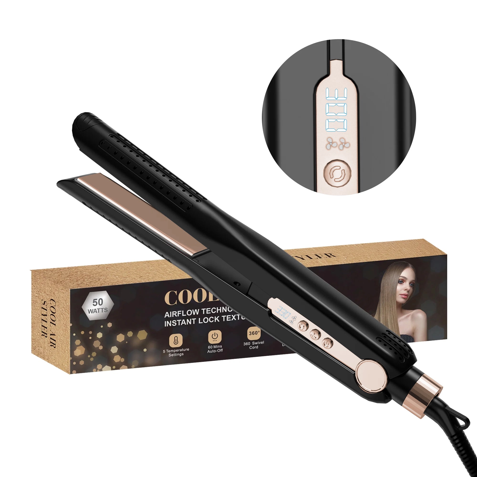 NICEBAY Airflow Styler, Titanium Hair Straightener & Curling Iron with Cooling Air Vents, 5 Temps, Dual Voltage & Auto Shut off