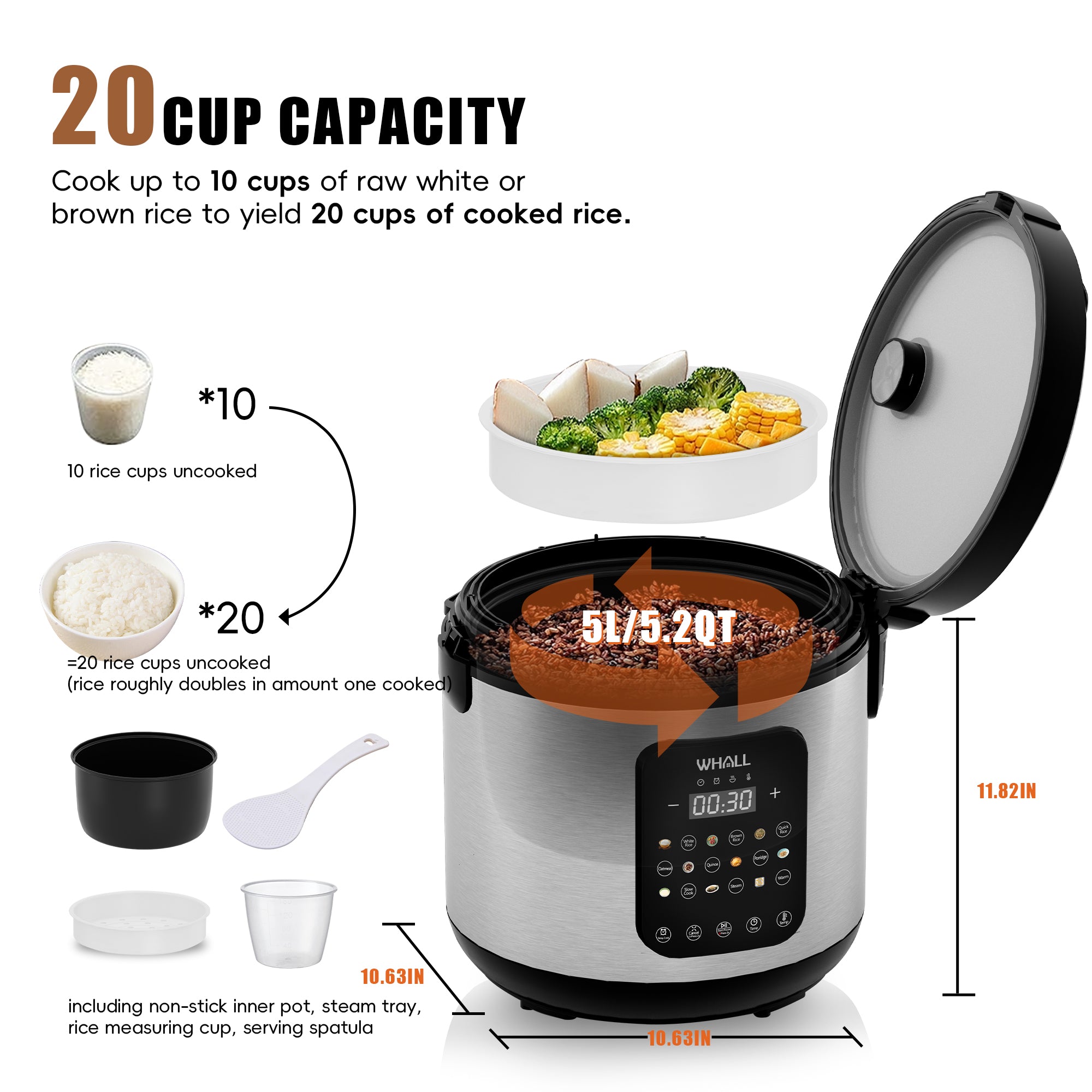 WHALL Digital Rice Cooker, 10-Cup (Uncooked) / 20-Cup (Cooked), Steamer, Multicooker, Slow Cooker, Oatmeal, Auto Keep Warm, 5 Qt, Stainless Steel New
