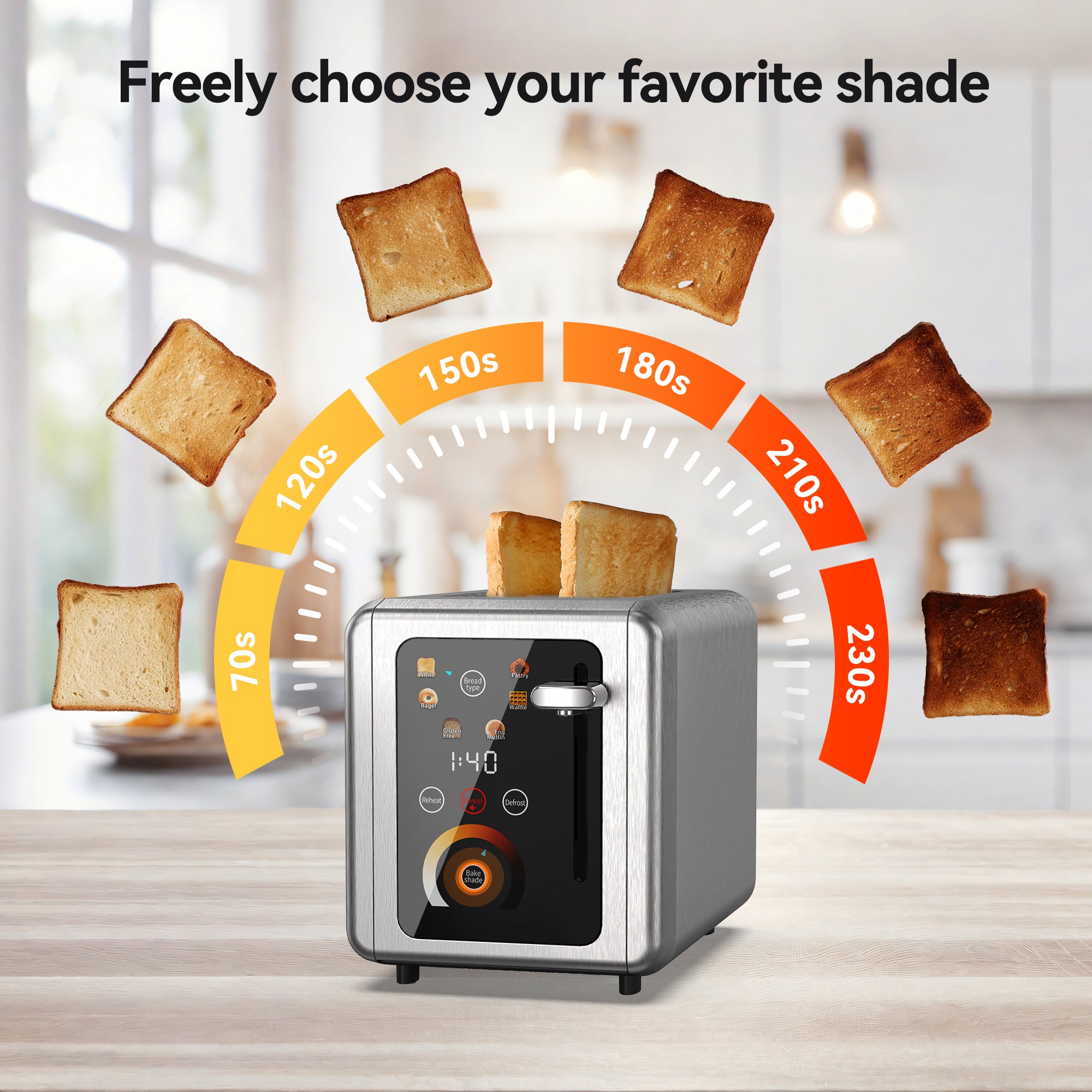 WHALL Touchscreen Stainless Steel Toaster 2 Slice, 1.5in Wide Slot, 6 Shade, Bagel Function, Removable Crumb Tray