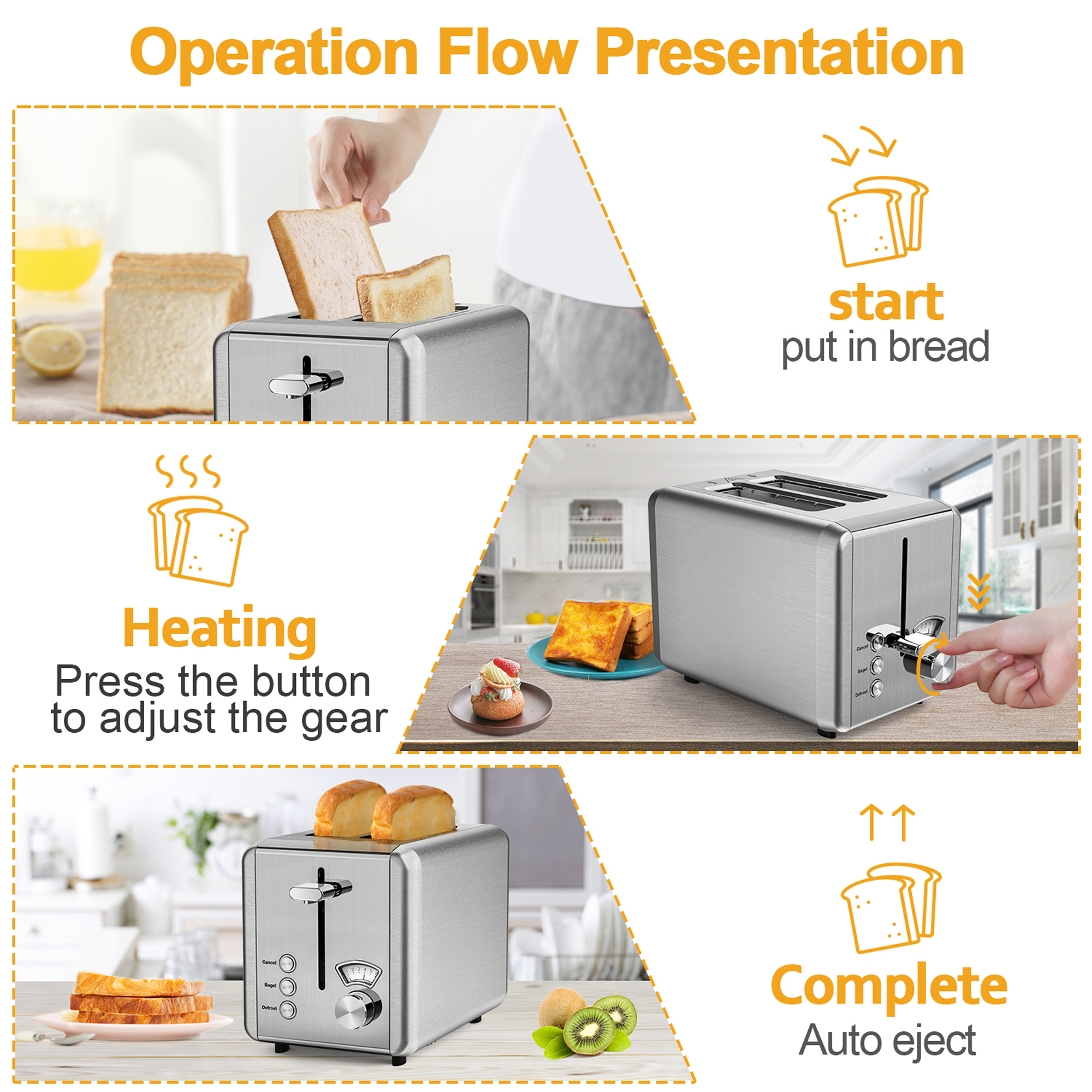 WHALL 2‑Slice Stainless Steel Toaster, Wide Slot, 6 Shade Settings with Bagel Function, Silver
