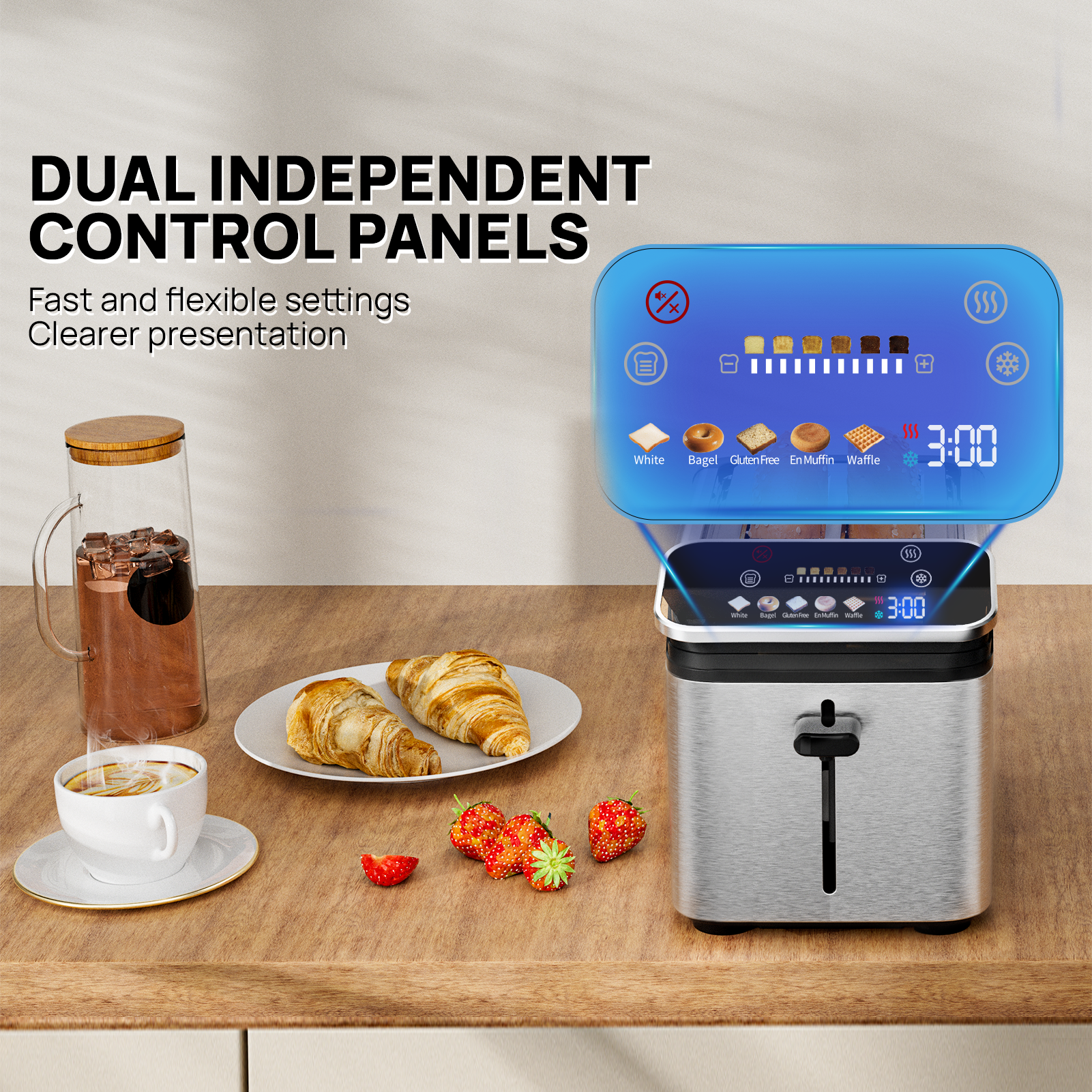 WHALL 2 Slice Toaster, Touch Screen Toasters with Projection Display, wide slots, Bagle / Reheat/Defrost Stainless Steel