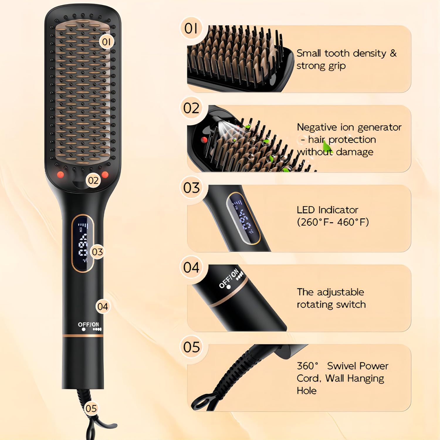 NICEBAY Straightener Brush with LED Display, 6 Temp Settings, Auto-Off Straightener Comb for Women, Straightening Brush