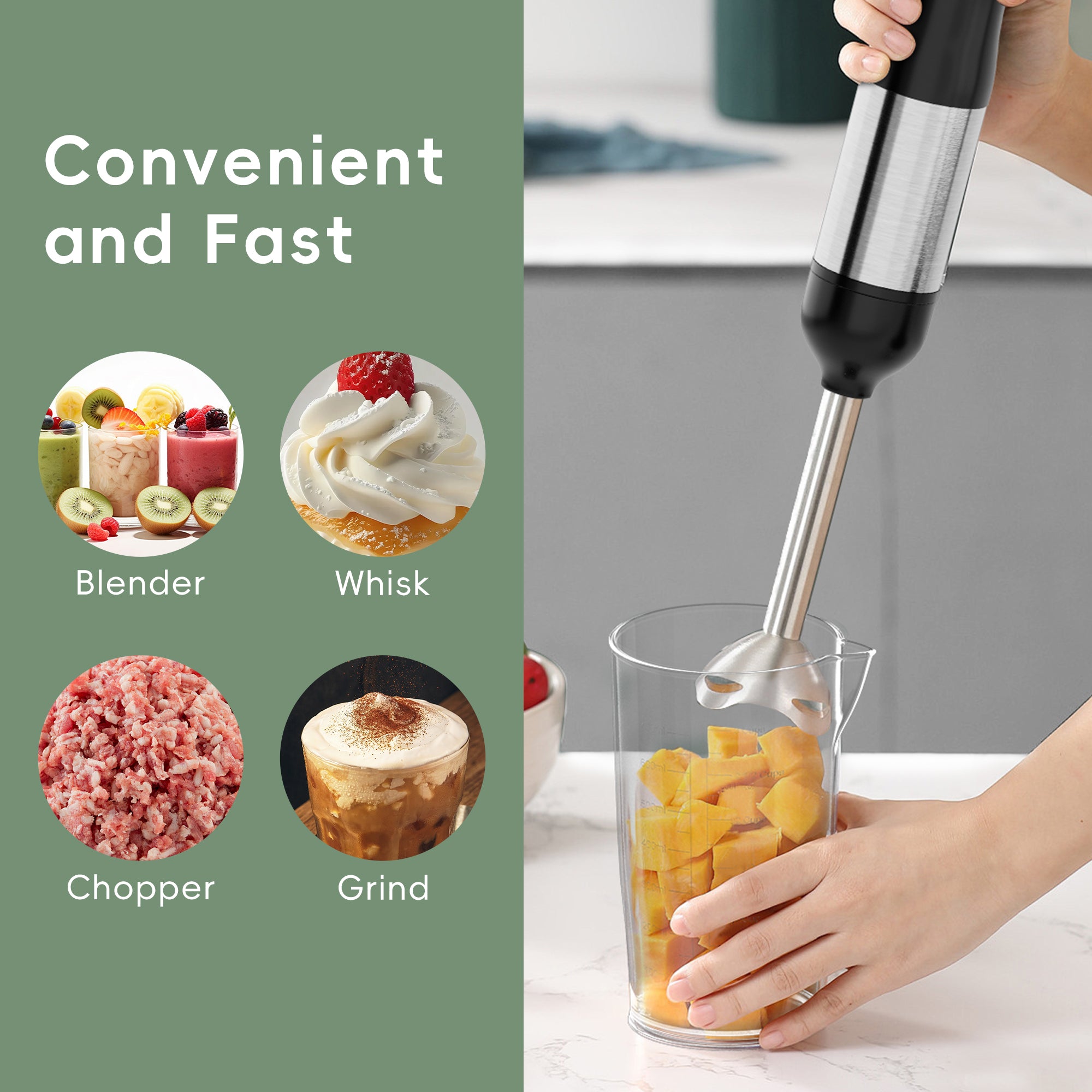 WHALL Cordless Immersion Blender, Rechargeable 5-in-1 Hand Blender with Whisk, Milk Frother Attachments, Portable Stick mixed,700ml Beaker, 500ml Chopper