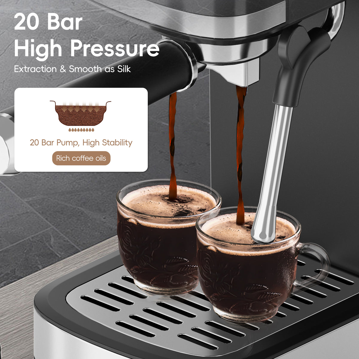WHALL 20 Bar Espresso Machine & Coffee Maker – with Milk Frother Steam Wand, Stainless Steel Build & 40oz Water Tank