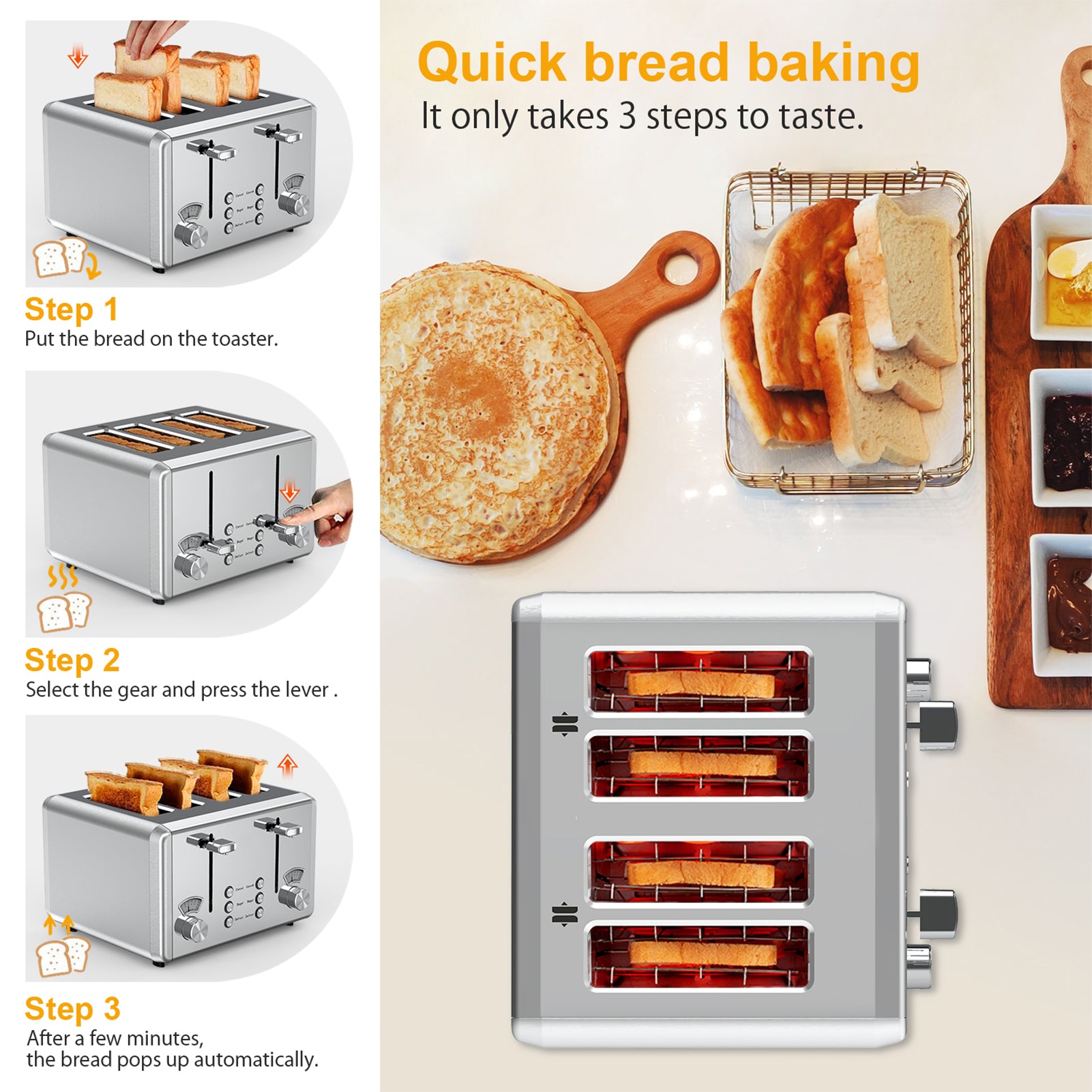 WHALL Silver 4‑Slice Bagel Toaster, Stainless Steel, Dual Control Panels, 6 Shade Settings