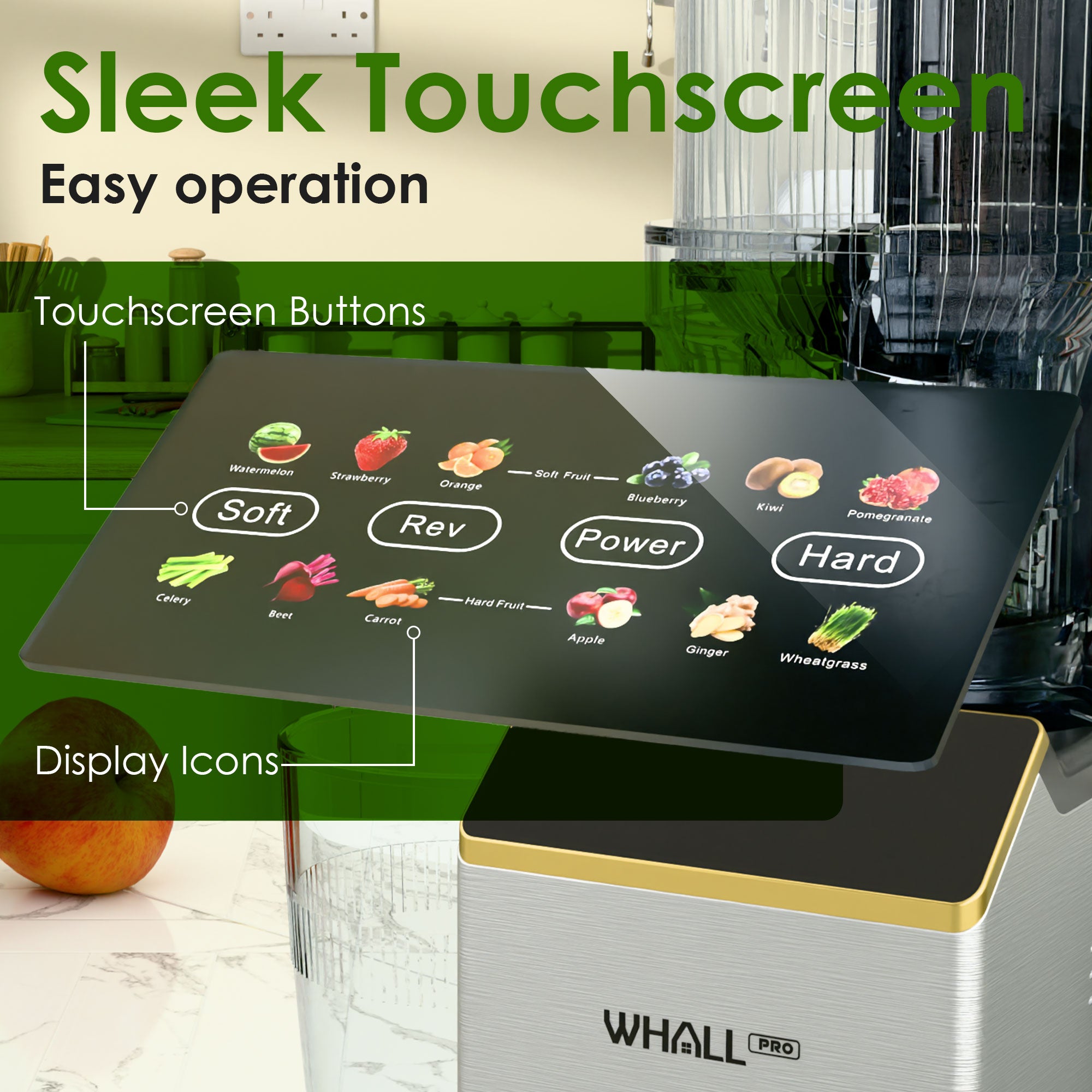 WHALL Cold Press Juicer Machine with Touchscreen, Slow Masticating Juicer with 4.5" Extra Large Feed Chute, Reverse Function, Easy to Clean
