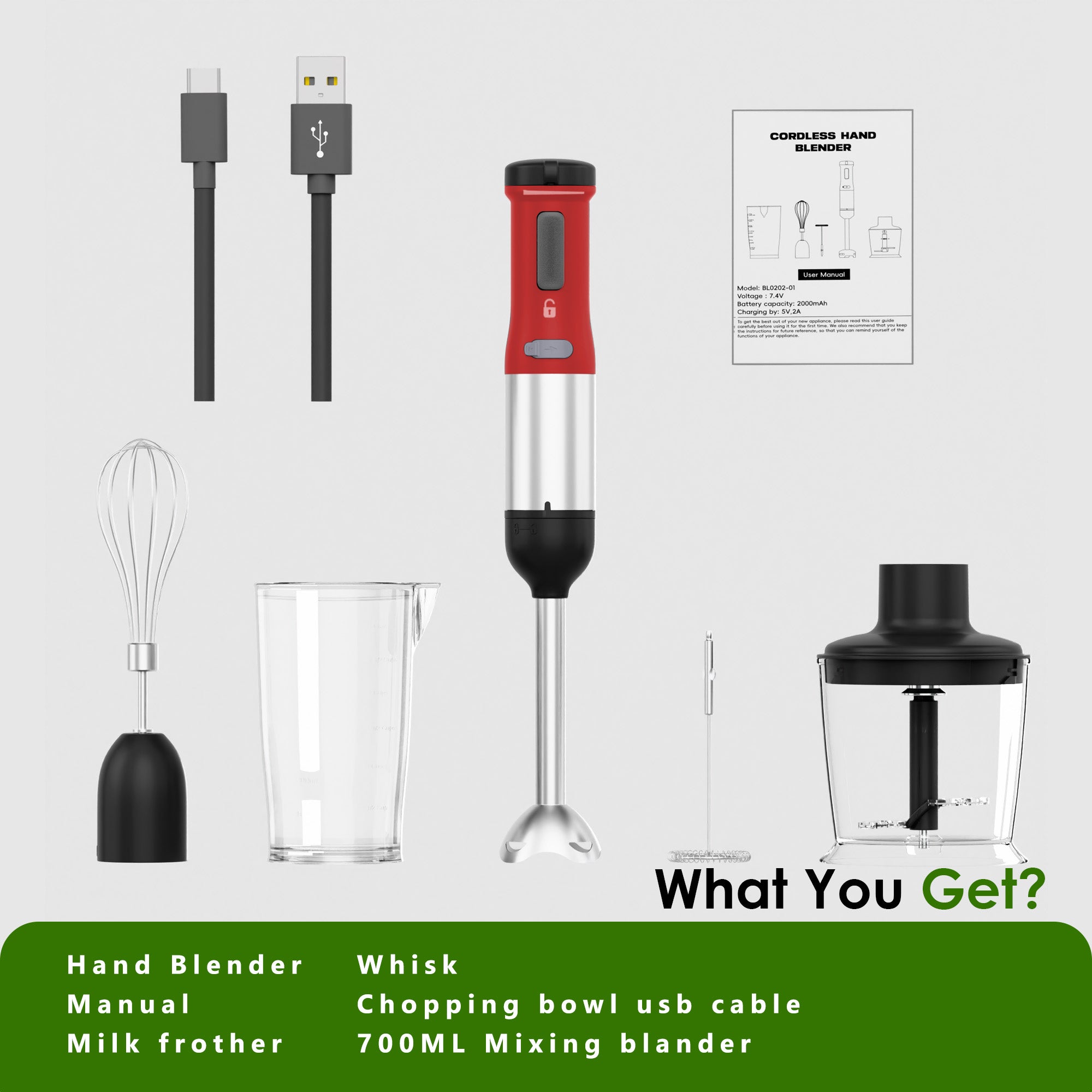 WHALL 5-in-1 Cordless Immersion Blender, Rechargeable Hand Blender with Whisk, Milk Frother Attachments, Portable Stick mixed,700ml Beaker, 500ml Chopper,Red