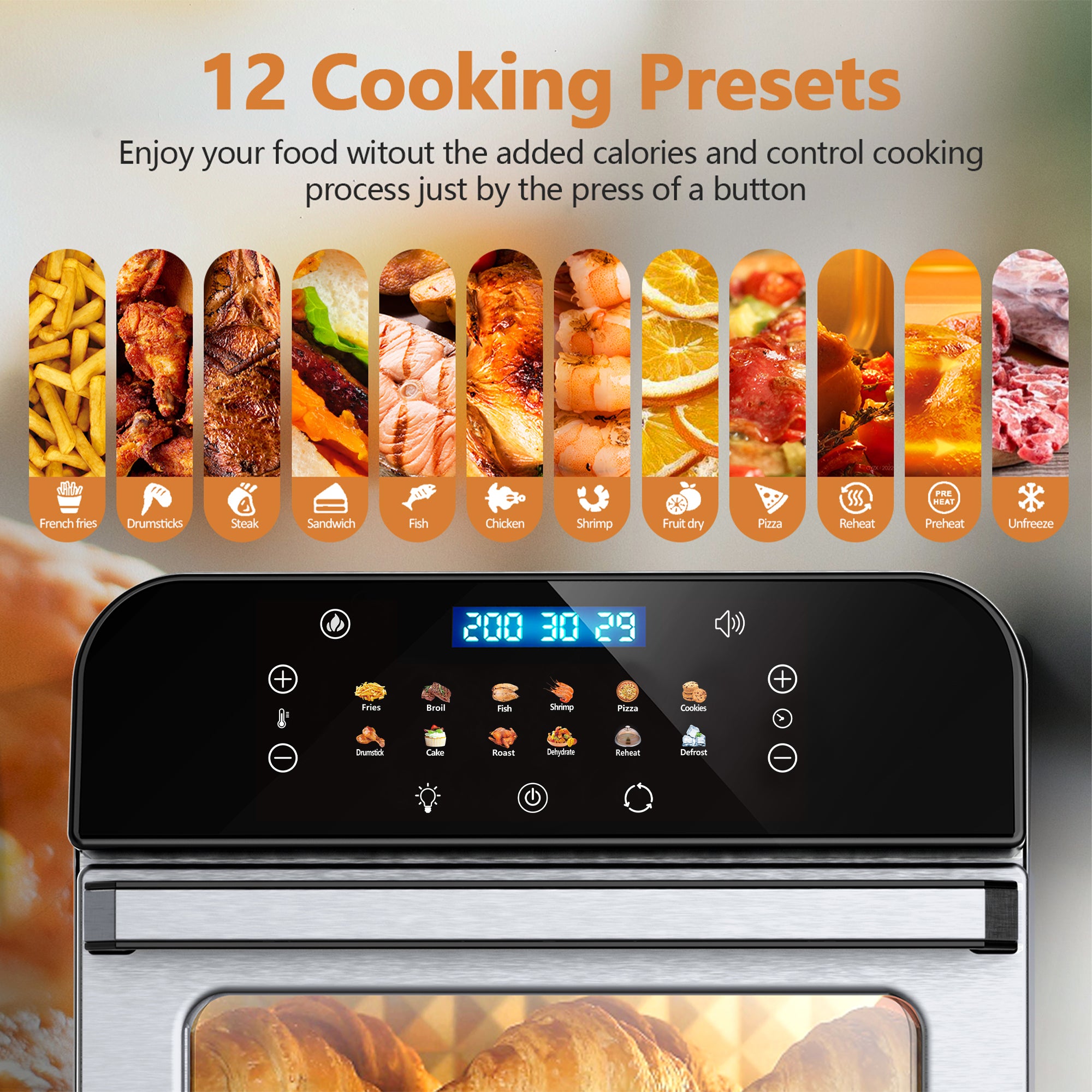 WHALL 12QT Touchscreen Air Fryer Toaster Oven, 12 Pre-set Menus, Clear Window, Less Oil