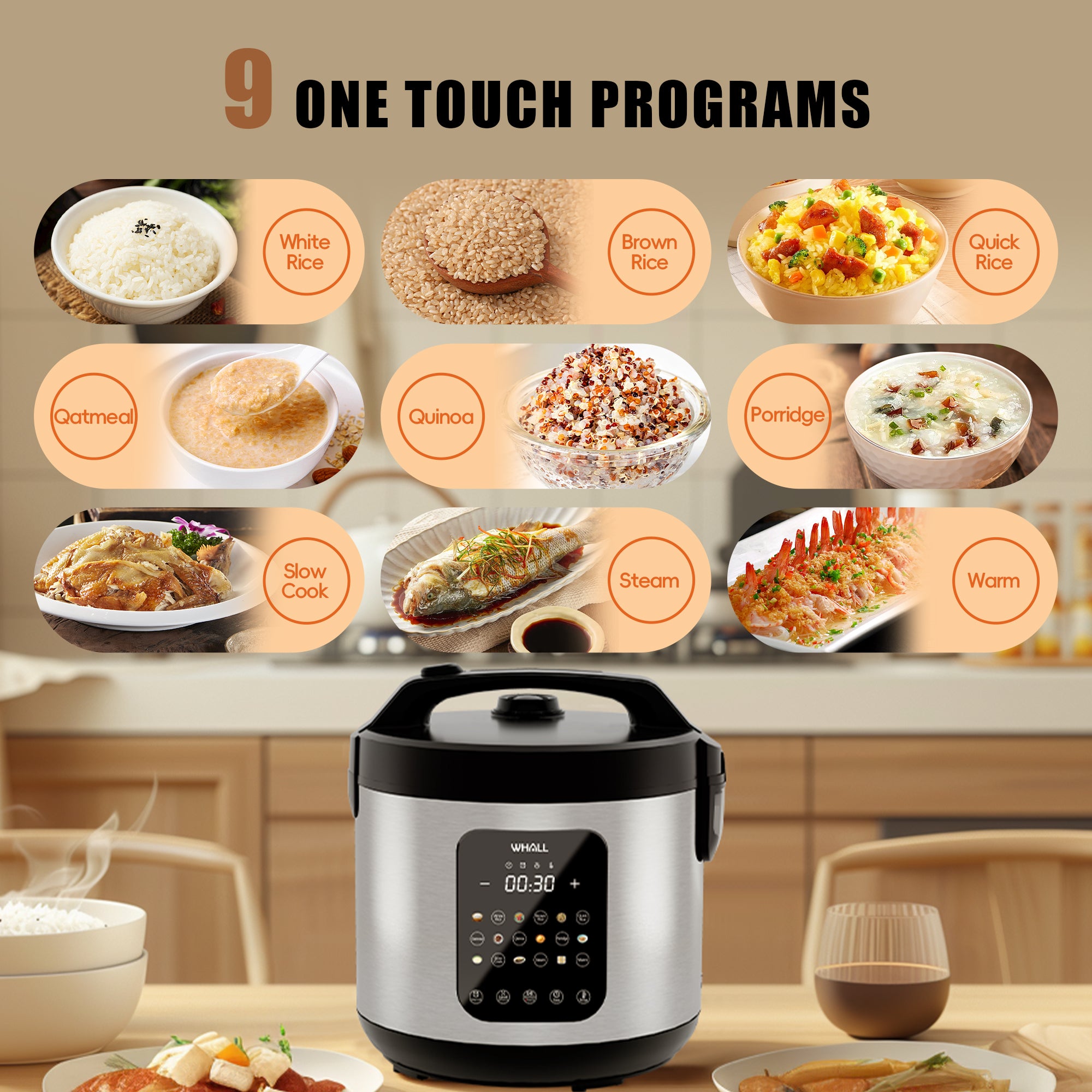 WHALL Digital Rice Cooker - 10-Cup Uncooked/20-Cup Cooked (5 Qt), Multi-Function with Slow Cooker, Oatmeal, Auto Keep Warm, Stainless Steel