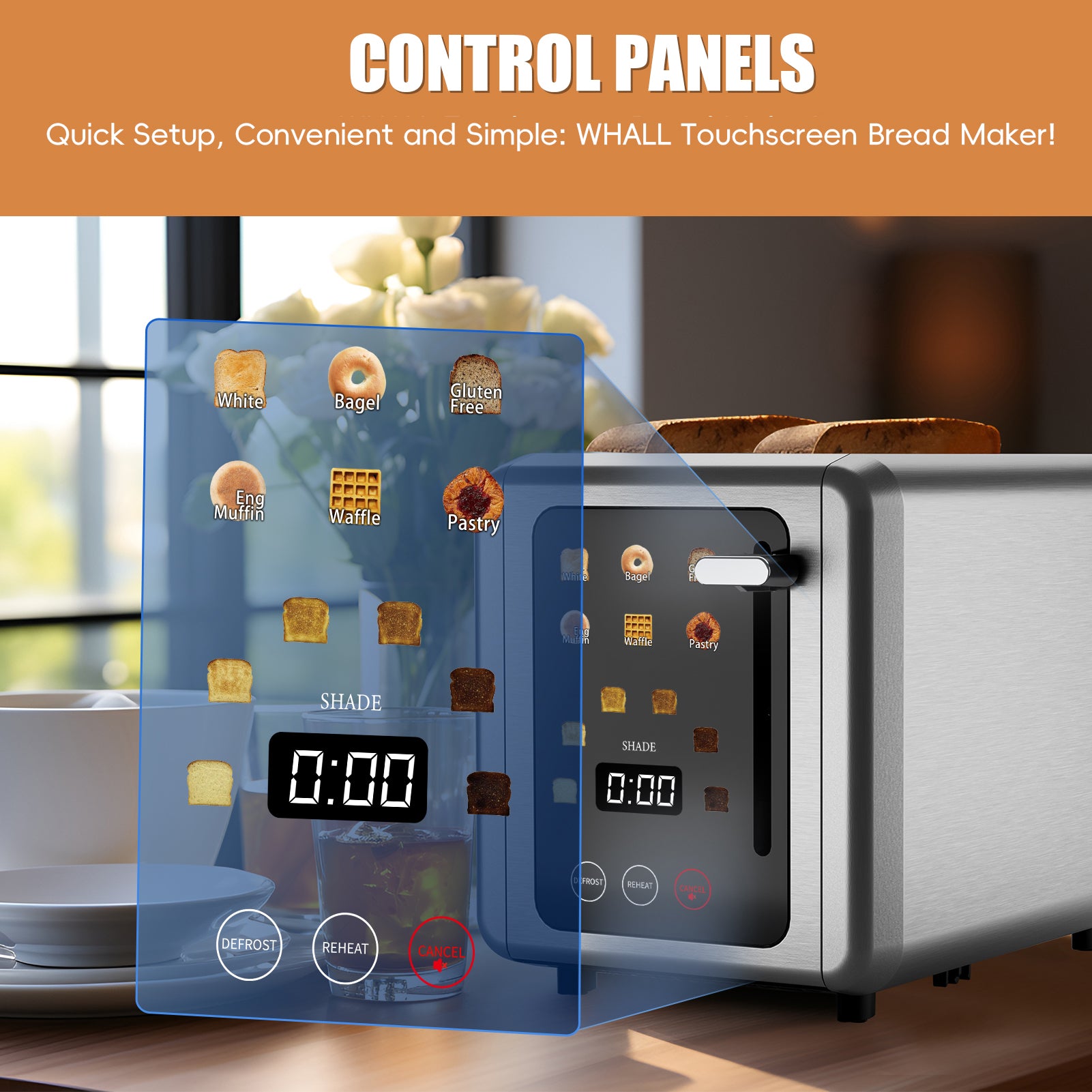 WHALL Touchscreen Toaster 2 Slice, Stainless Steel, 1.5 " Wide Slots, Bagel, Defrost, 850W