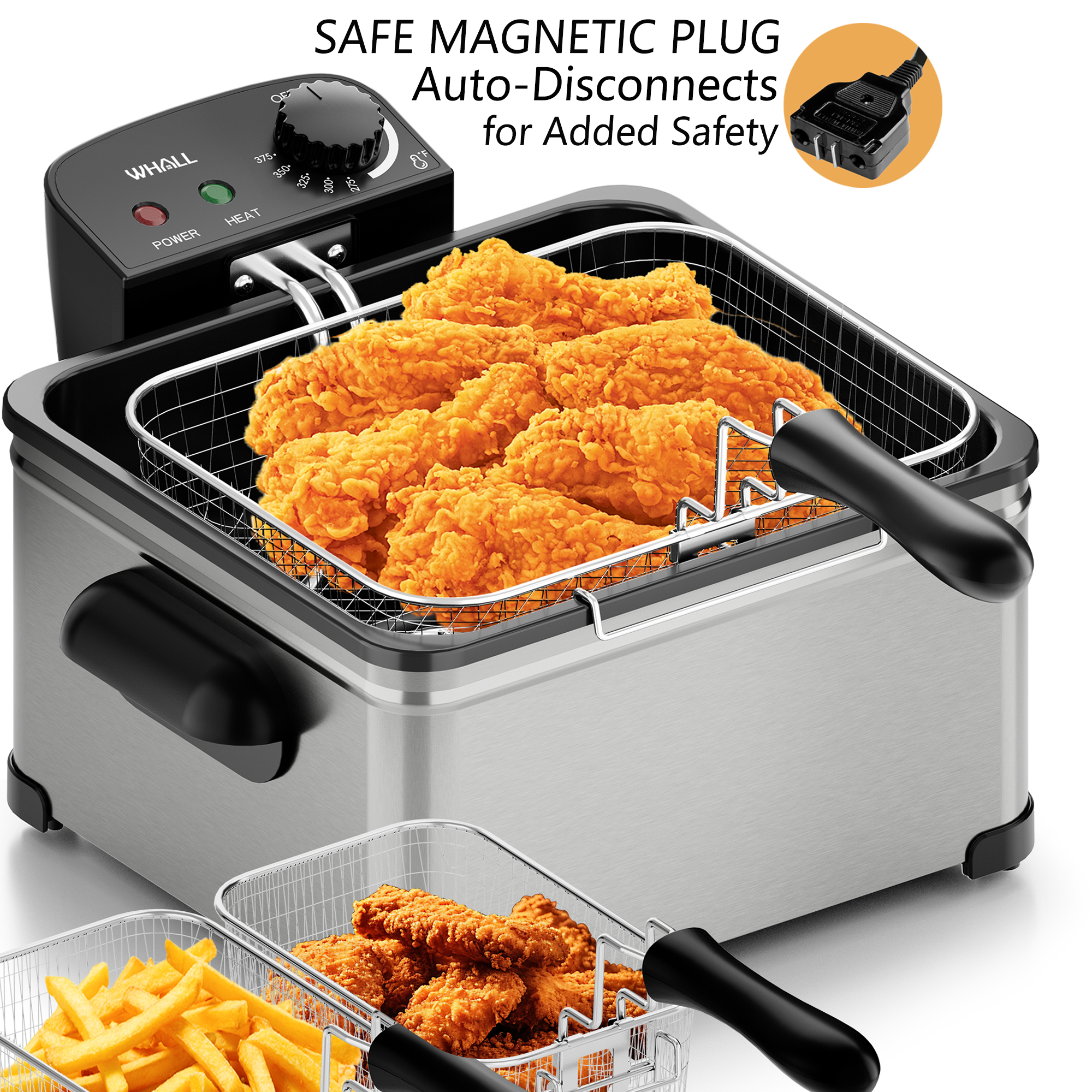 WHALL Deep Fryer with 3 Baskets, 5 L/21 Cups Oil Capacity, Temperature Control, Stainless Steel, 1700 W