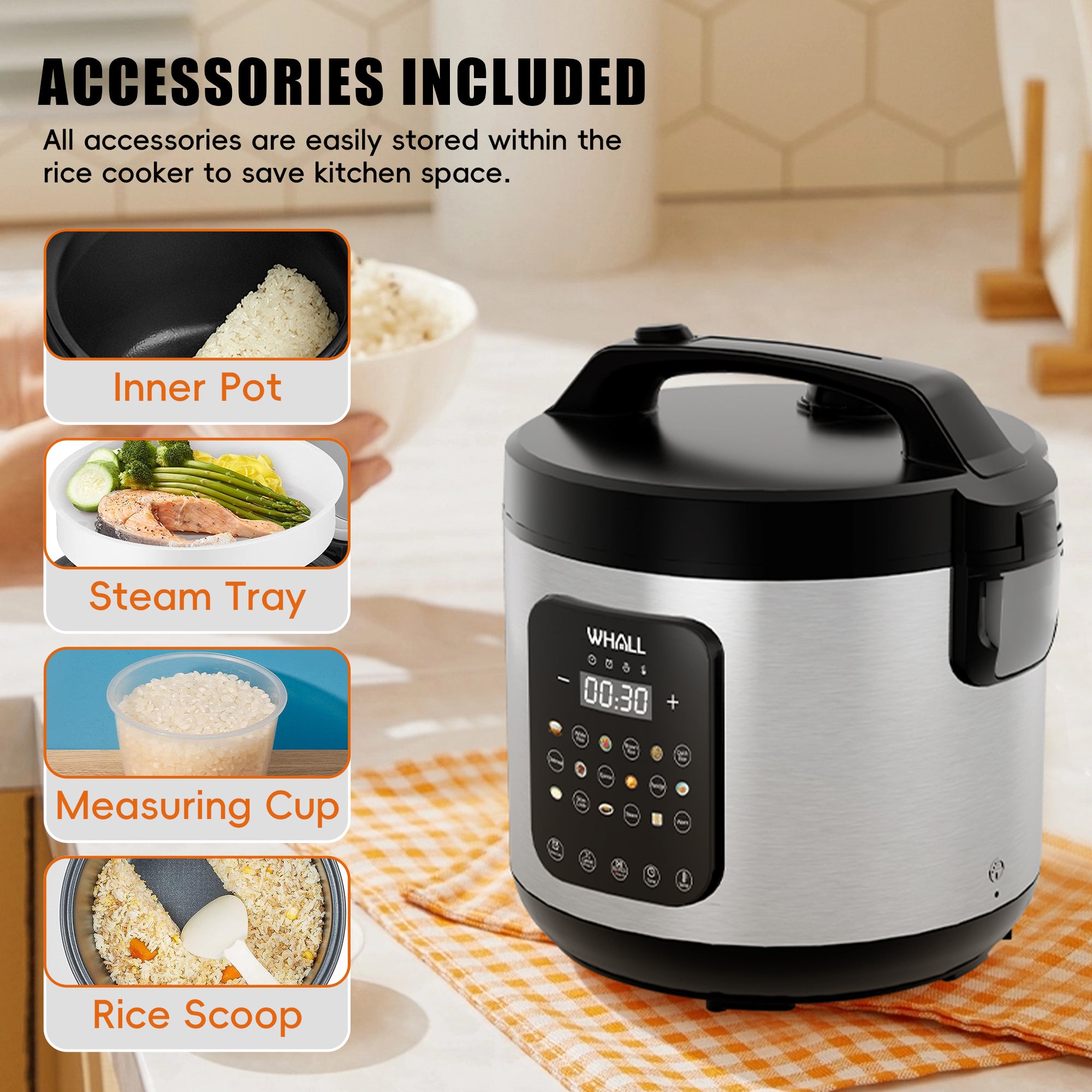 WHALL Digital Rice Cooker - 10-Cup Uncooked/20-Cup Cooked (5 Qt), Multi-Function with Slow Cooker, Oatmeal, Auto Keep Warm, Stainless Steel