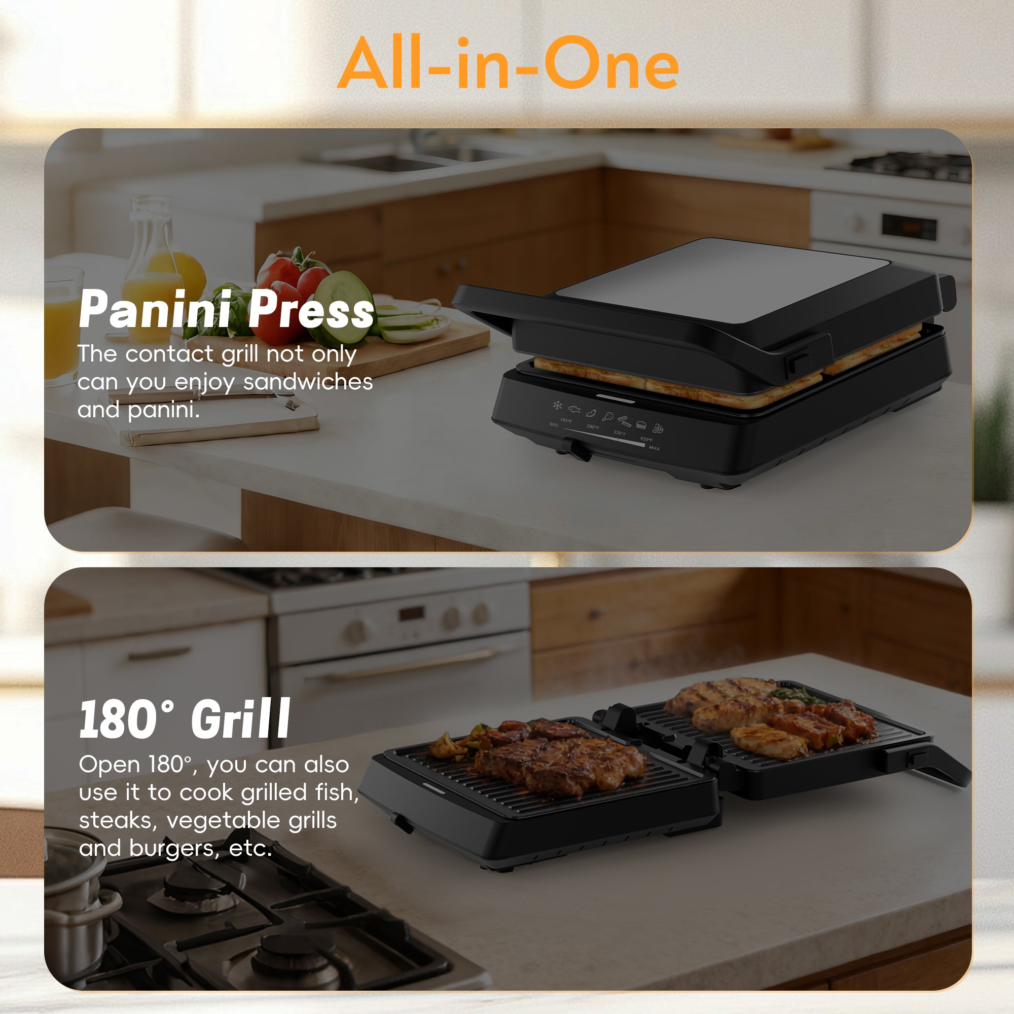 WHALL 4-in-1 1600W Indoor Grill & Electric Griddle Combo, Opens Flat to Double Cooking Surface, Removable Nonstick Plates, Black