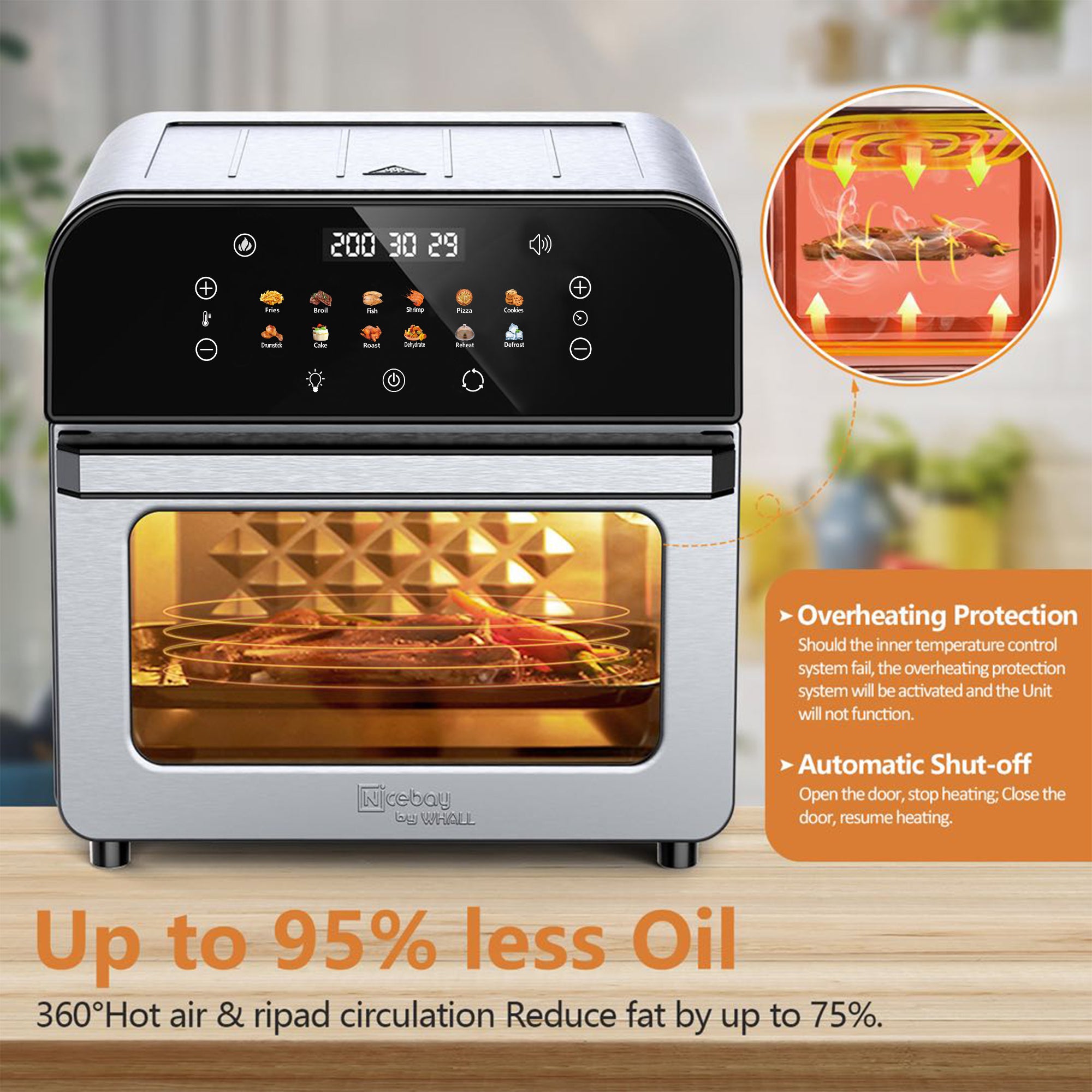WHALL 12QT Touchscreen Air Fryer Toaster Oven, 12 Pre-set Menus, Clear Window, Less Oil
