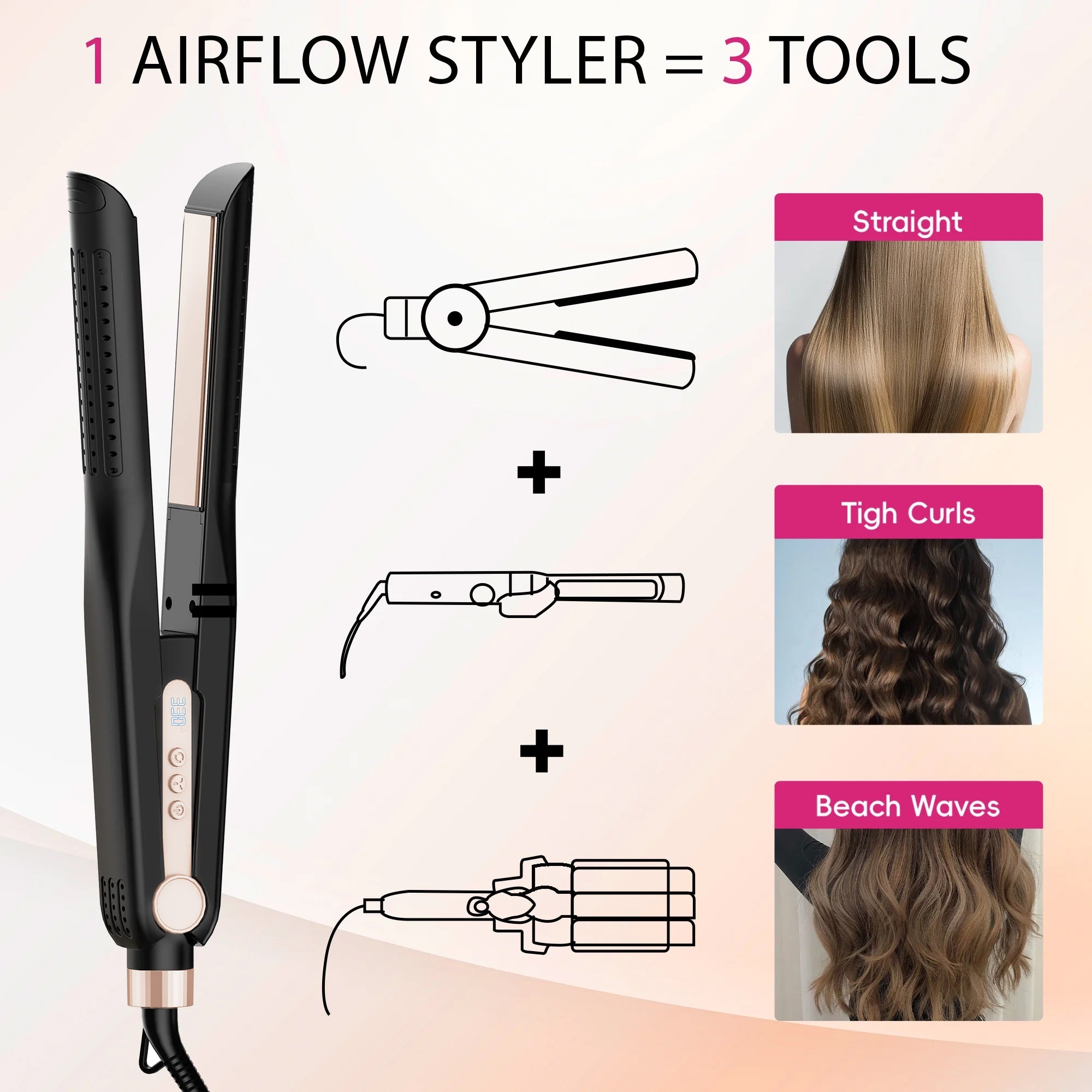 NICEBAY Airflow Styler, Titanium Hair Straightener & Curling Iron with Cooling Air Vents, 5 Temps, Dual Voltage & Auto Shut off