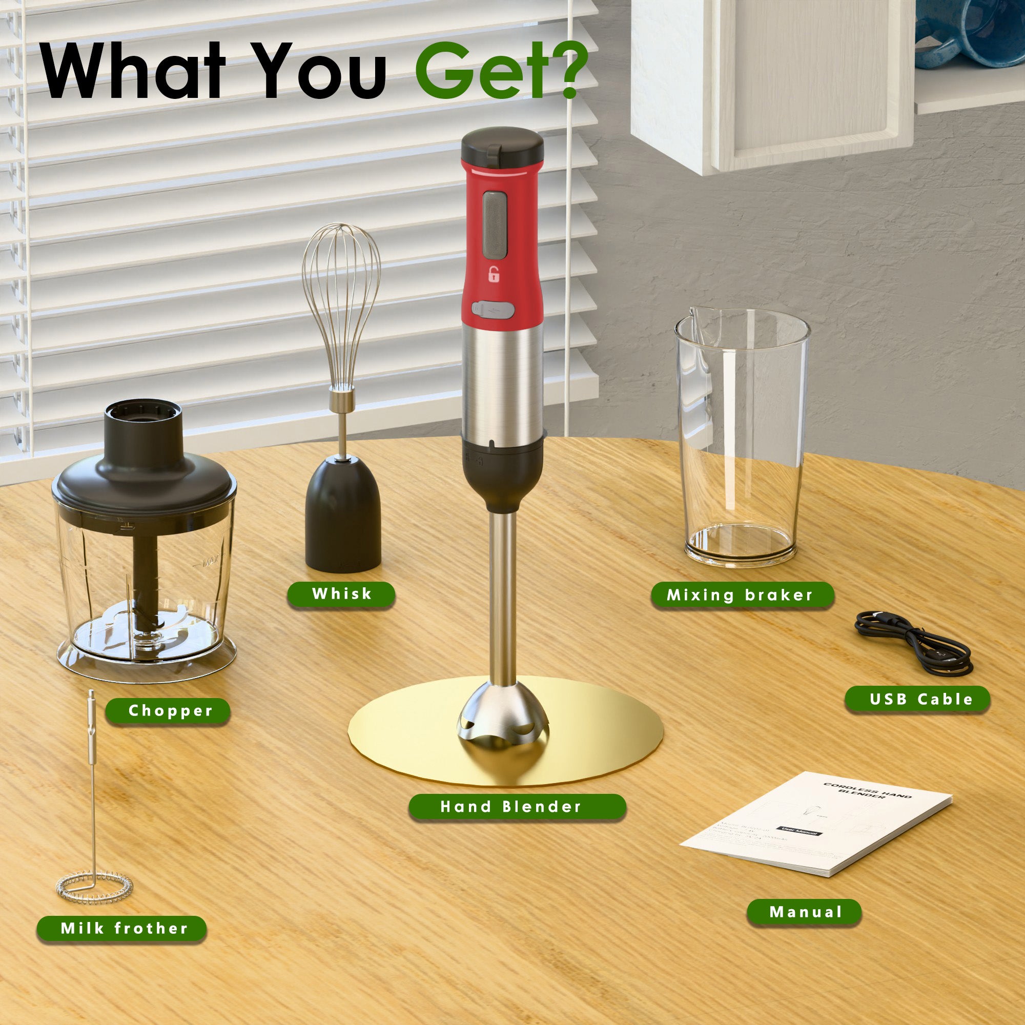 WHALL 5-in-1 Cordless Immersion Blender, Rechargeable Hand Blender with Whisk, Milk Frother Attachments, Portable Stick mixed,700ml Beaker, 500ml Chopper,Red