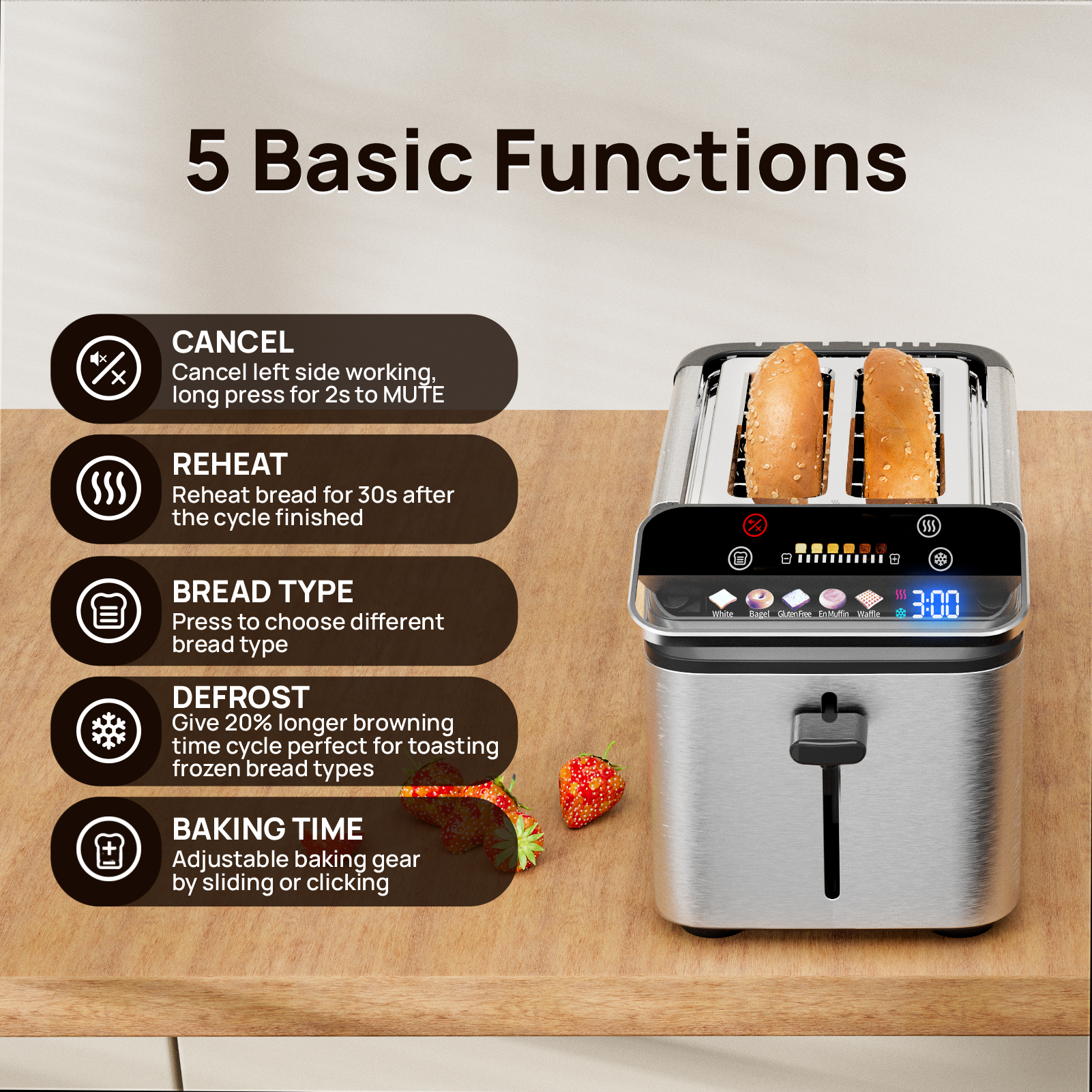 WHALL 2 Slice Toaster, Touch Screen Toasters with Projection Display, wide slots, Bagle / Reheat/Defrost Stainless Steel