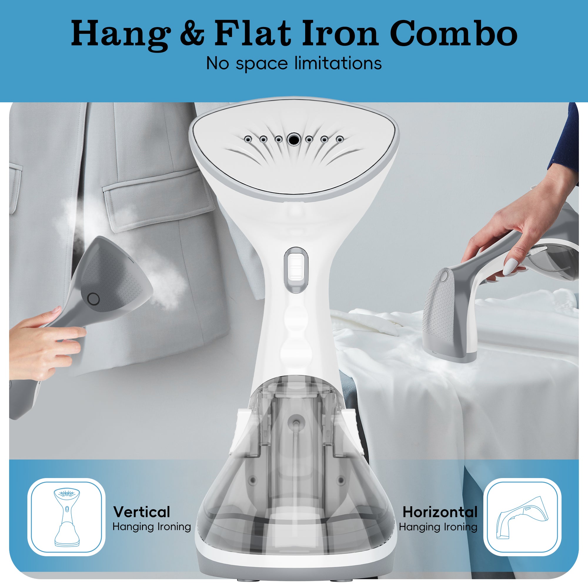 WHALL Compact Handheld Steamer with Brush, Fast Heat Up Steam Ironing, Dry Ironing, 1200W