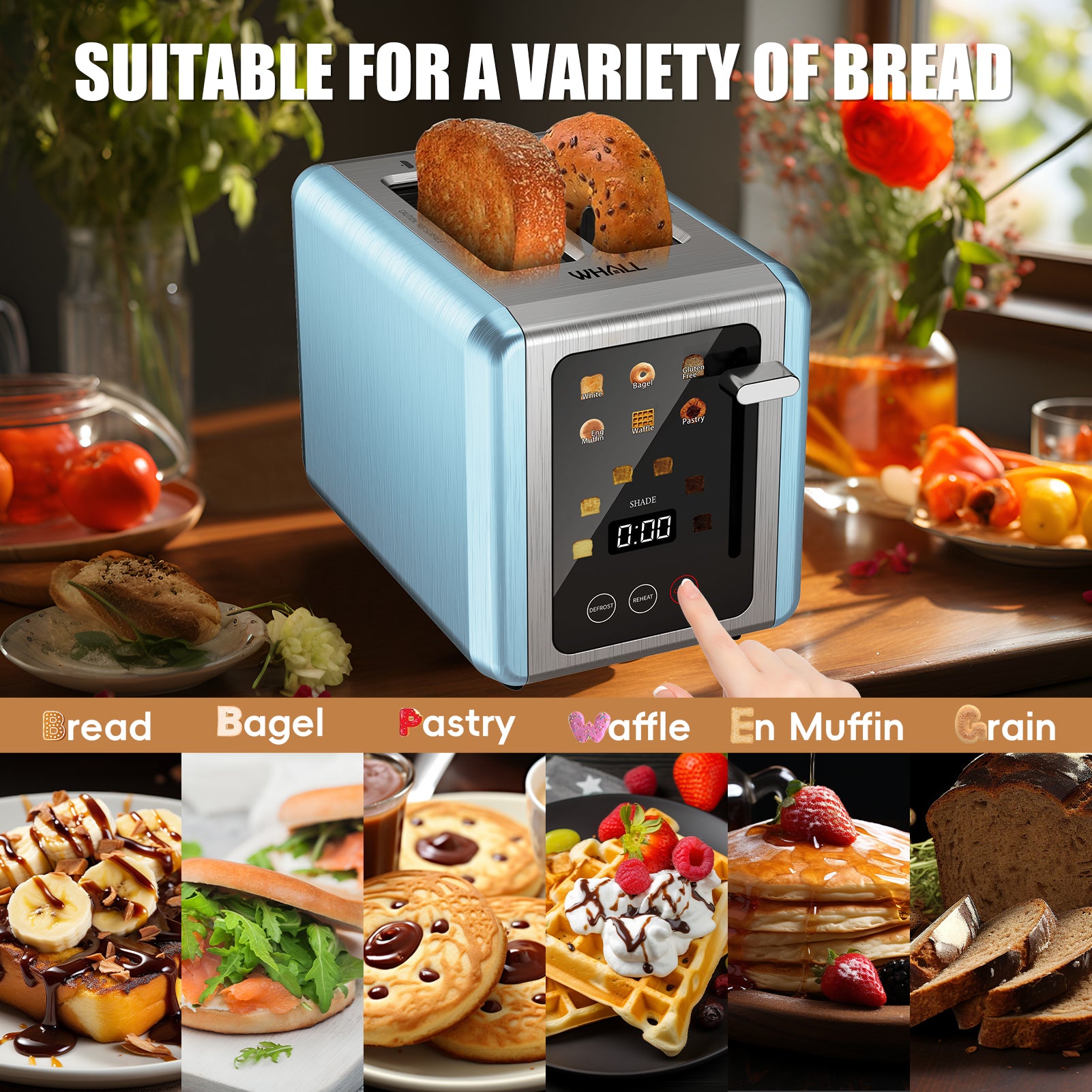 WHALLULTRA 2-Slice Touchscreen Toaster, Stainless Steel, 1.5" Wide Slots, Bagel/Defrost, 850W, Blue