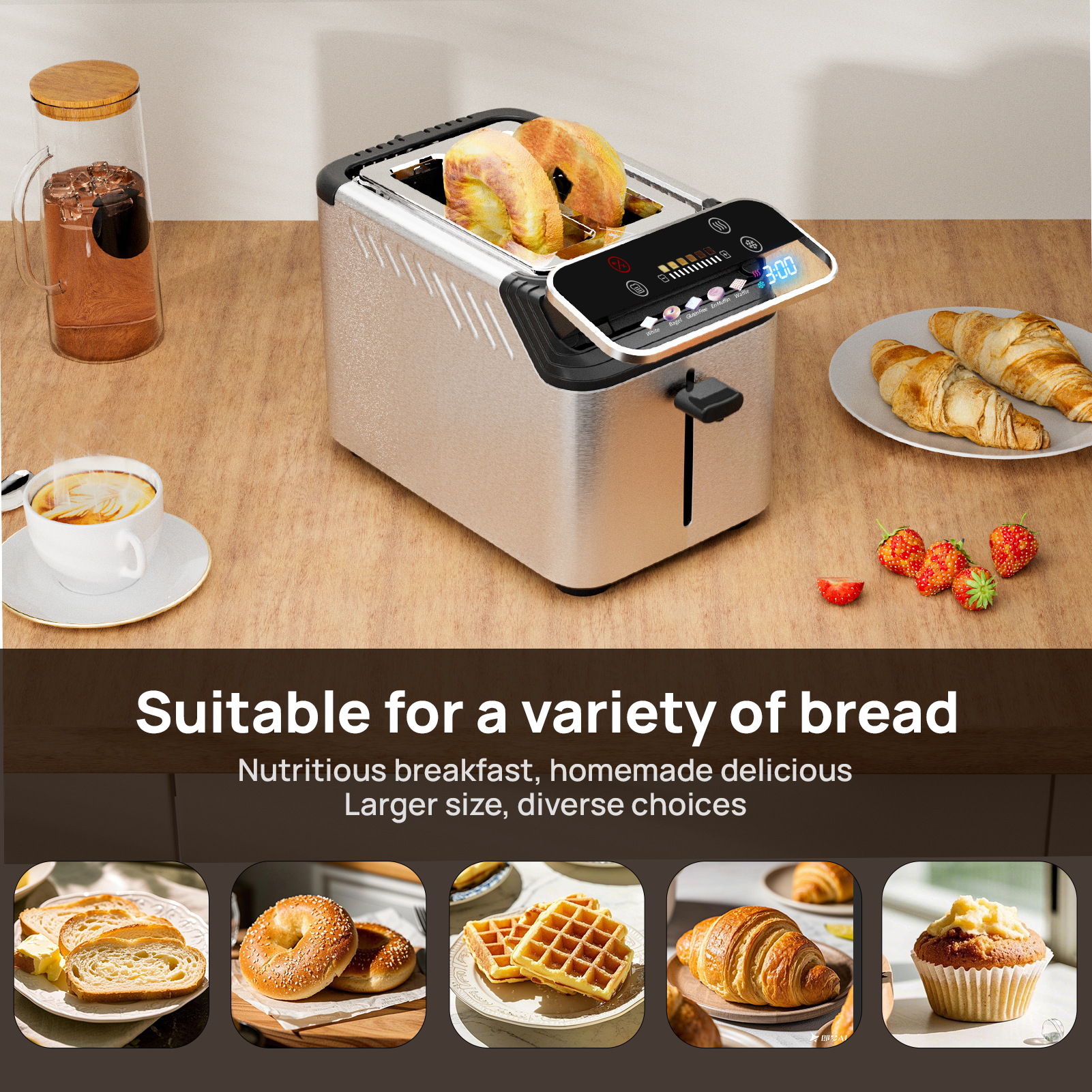 WHALL 2 Slice Toaster, Touch Screen Toasters with Projection Display, wide slots, Bagle / Reheat/Defrost Stainless Steel