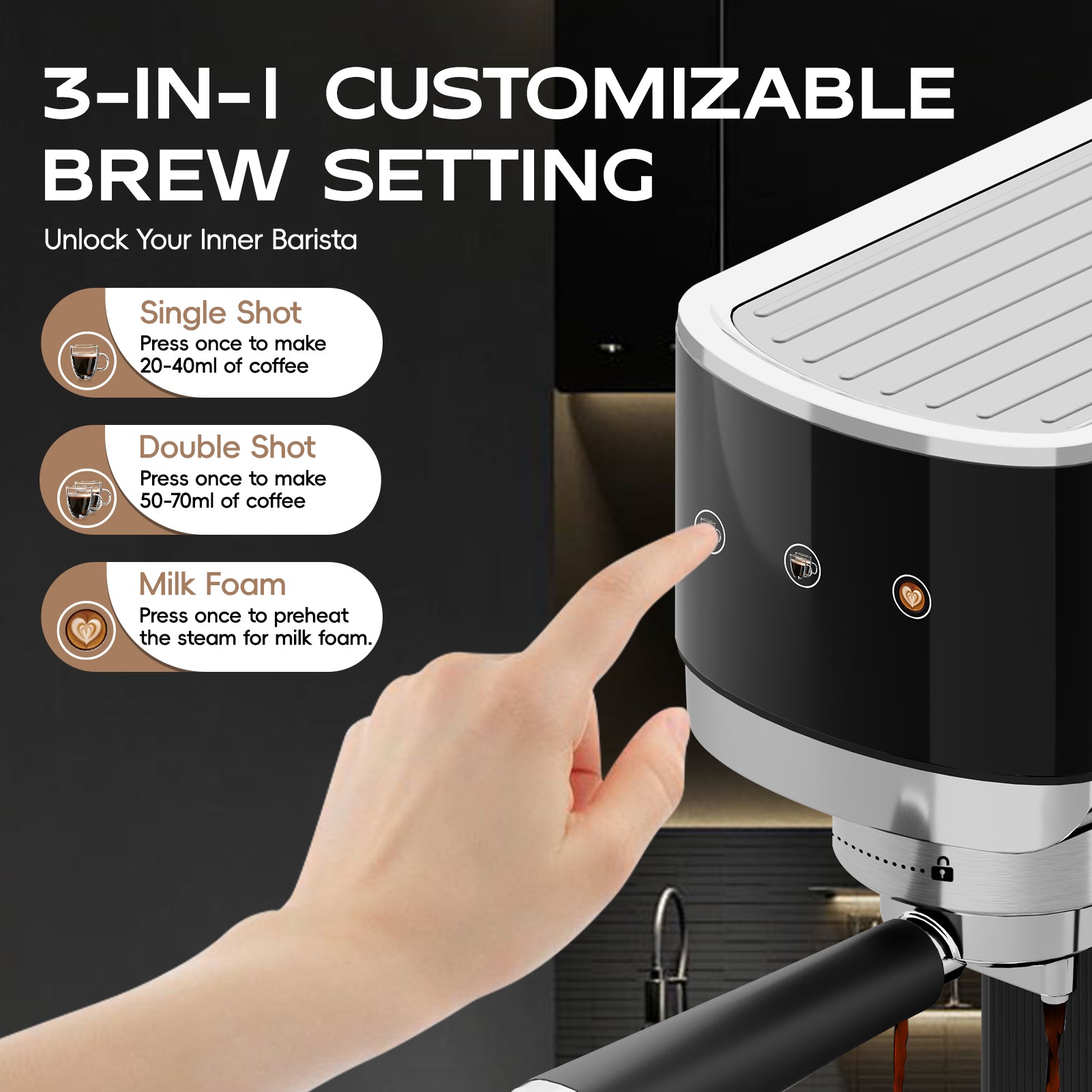 WHALL 20 Bar Touchscreen Espresso Machine with Milk Frother Steam Wand, Stainless Steel