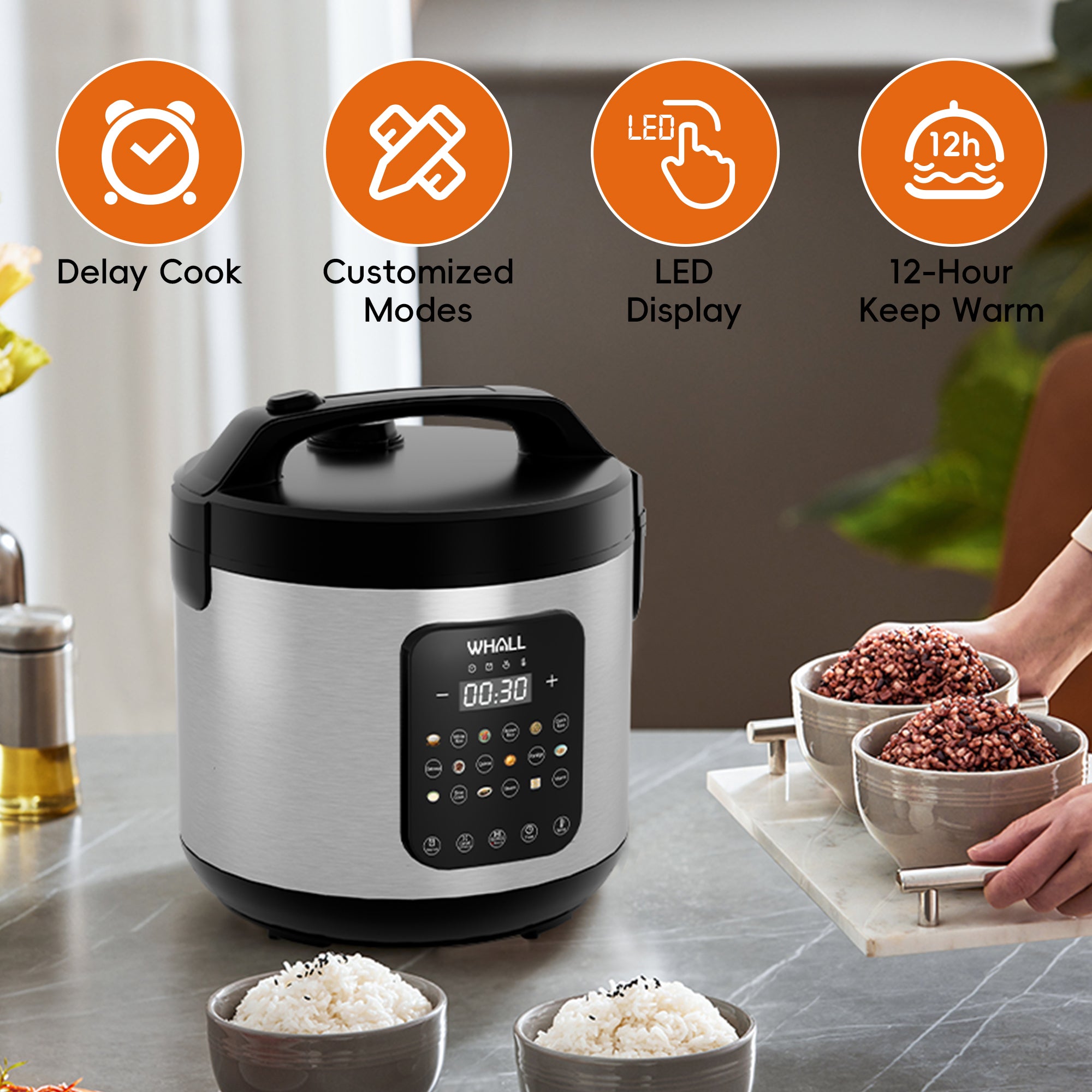 WHALL Digital Rice Cooker - 10-Cup Uncooked/20-Cup Cooked (5 Qt), Multi-Function with Slow Cooker, Oatmeal, Auto Keep Warm, Stainless Steel