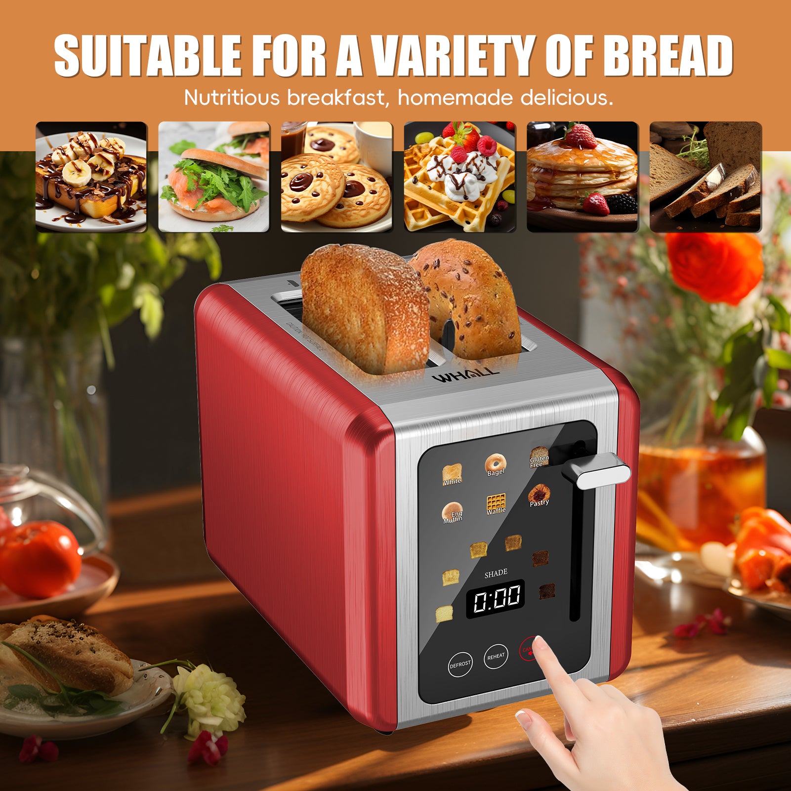 WHALLULTRA Touchscreen 2 Slice Toaster Stainless Steel, 1.5" Extra Wide Slots for Bagels & Thick Breads, Defrost Function, 850W Compact Kitchen Toaster, Red