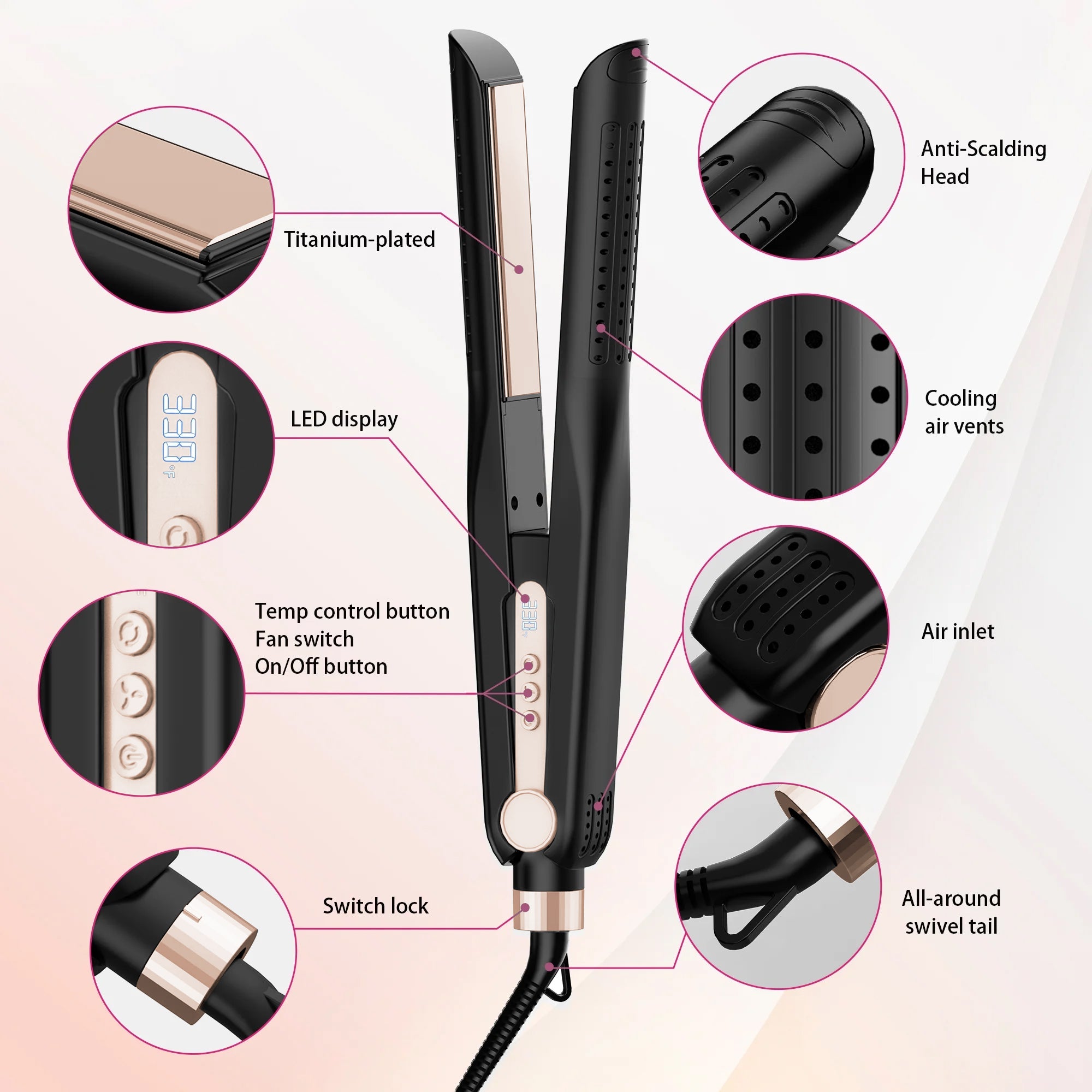 NICEBAY Airflow Styler, Titanium Hair Straightener & Curling Iron with Cooling Air Vents, 5 Temps, Dual Voltage & Auto Shut off