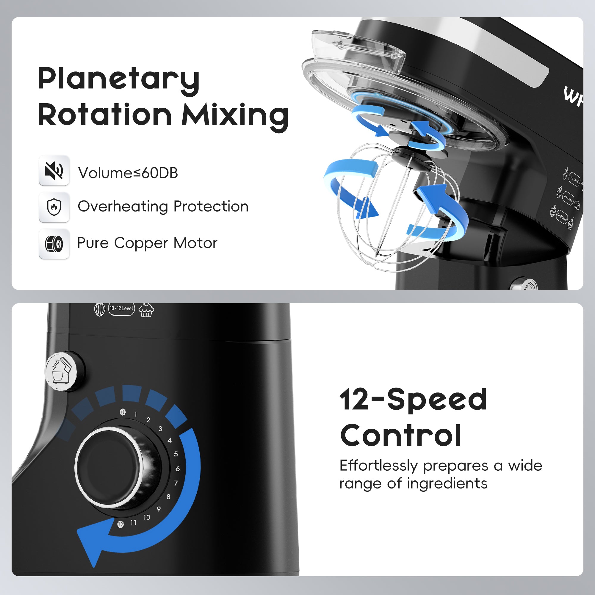 WHALL 5.5 Qt Tilt-Head Stand Mixer, Black with Dough Hook, Wire Whip, Beater