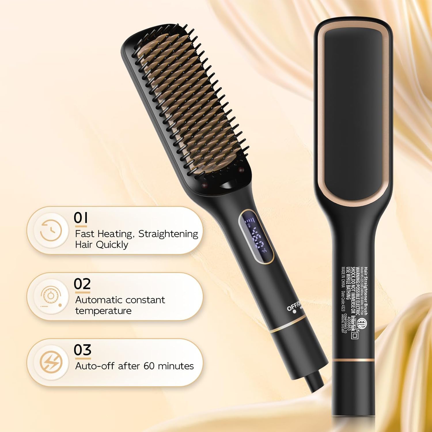 NICEBAY Straightener Brush with LED Display, 6 Temp Settings, Auto-Off Straightener Comb for Women, Straightening Brush
