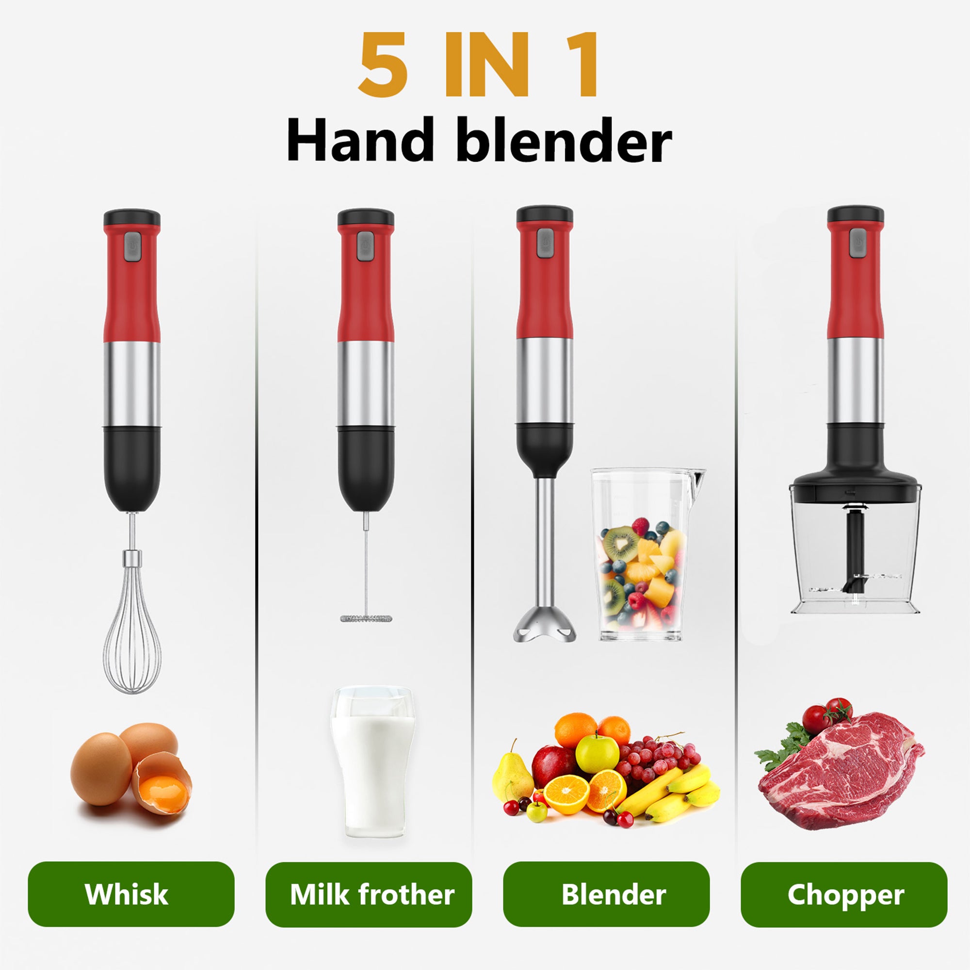 WHALL 5-in-1 Cordless Immersion Blender, Rechargeable Hand Blender with Whisk, Milk Frother Attachments, Portable Stick mixed,700ml Beaker, 500ml Chopper,Red
