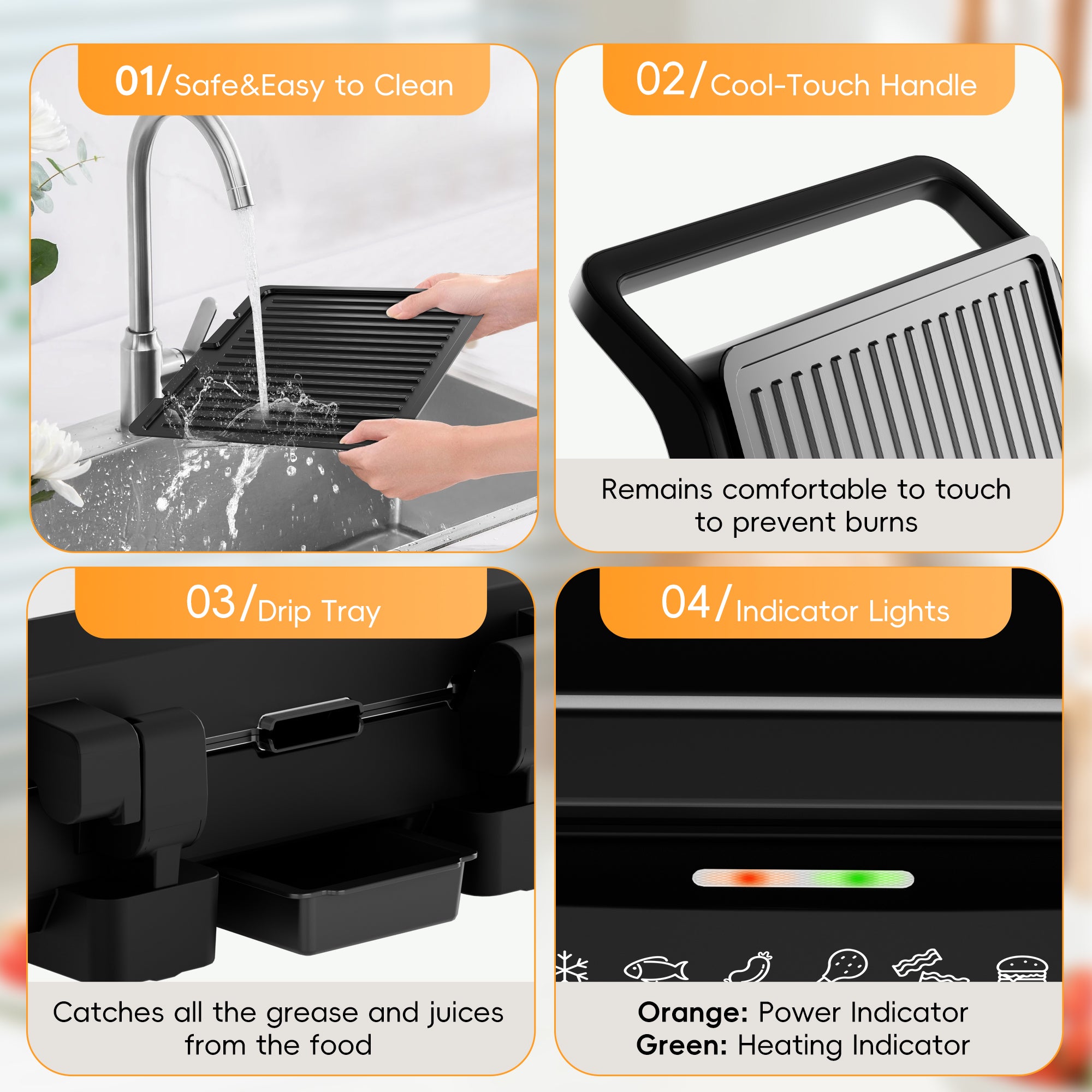 WHALL 4‑in‑1 Indoor Grill & Griddle, 1600W, Opens Flat, Removable Non‑Stick Plates