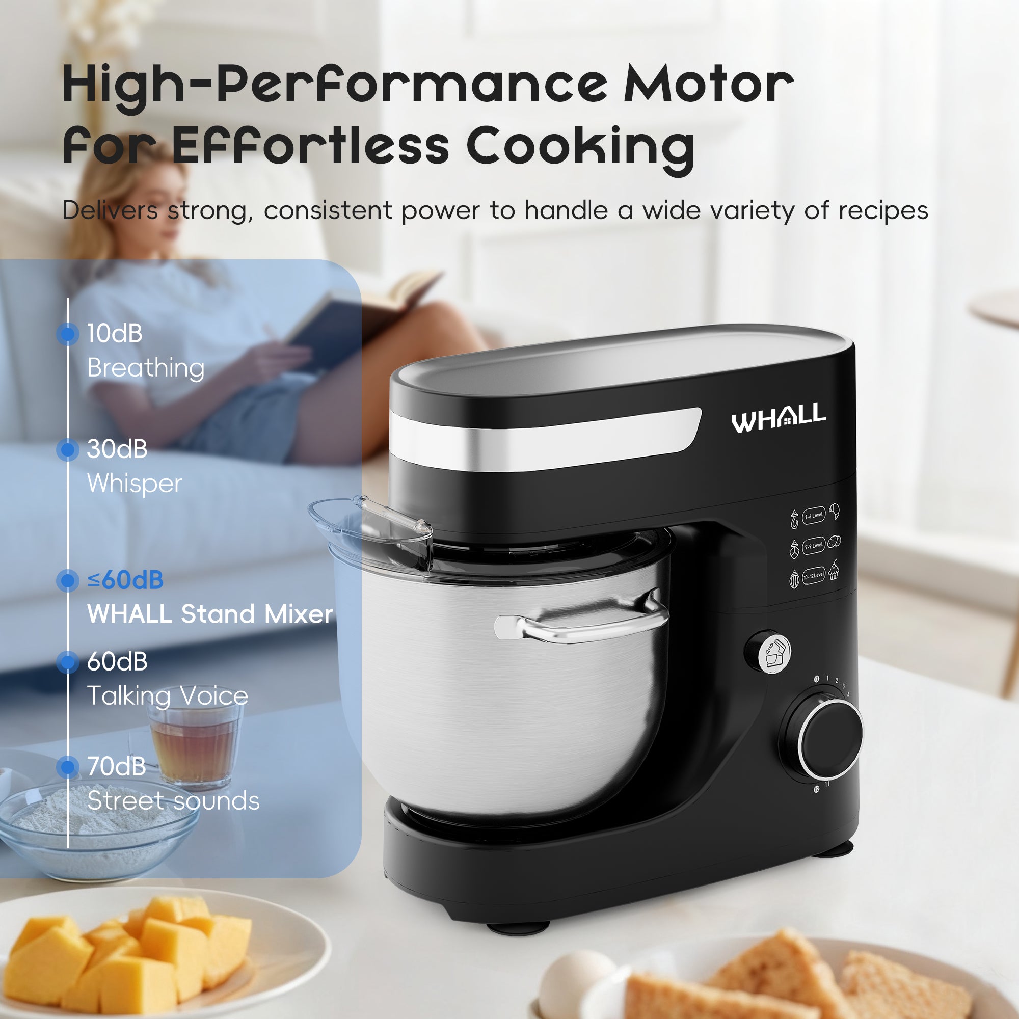 WHALL 12-Speed 5.5 Qt Tilt-Head Stand Mixer, Black with Dough Hook, Wire Whip, Beater