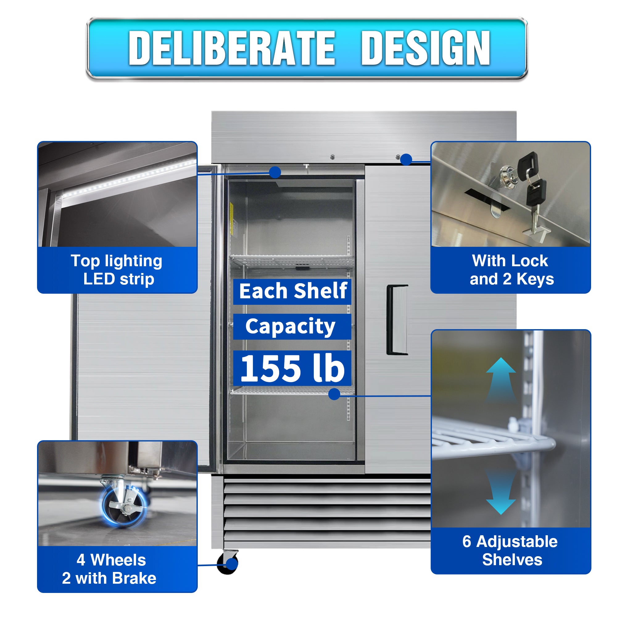 WHALL 54" Commercial Refrigerator 49 Cu.ft with 2 Solid Door Reach-In Refrigerators Stainless Steel ETL Approved Upright Fridge Storage