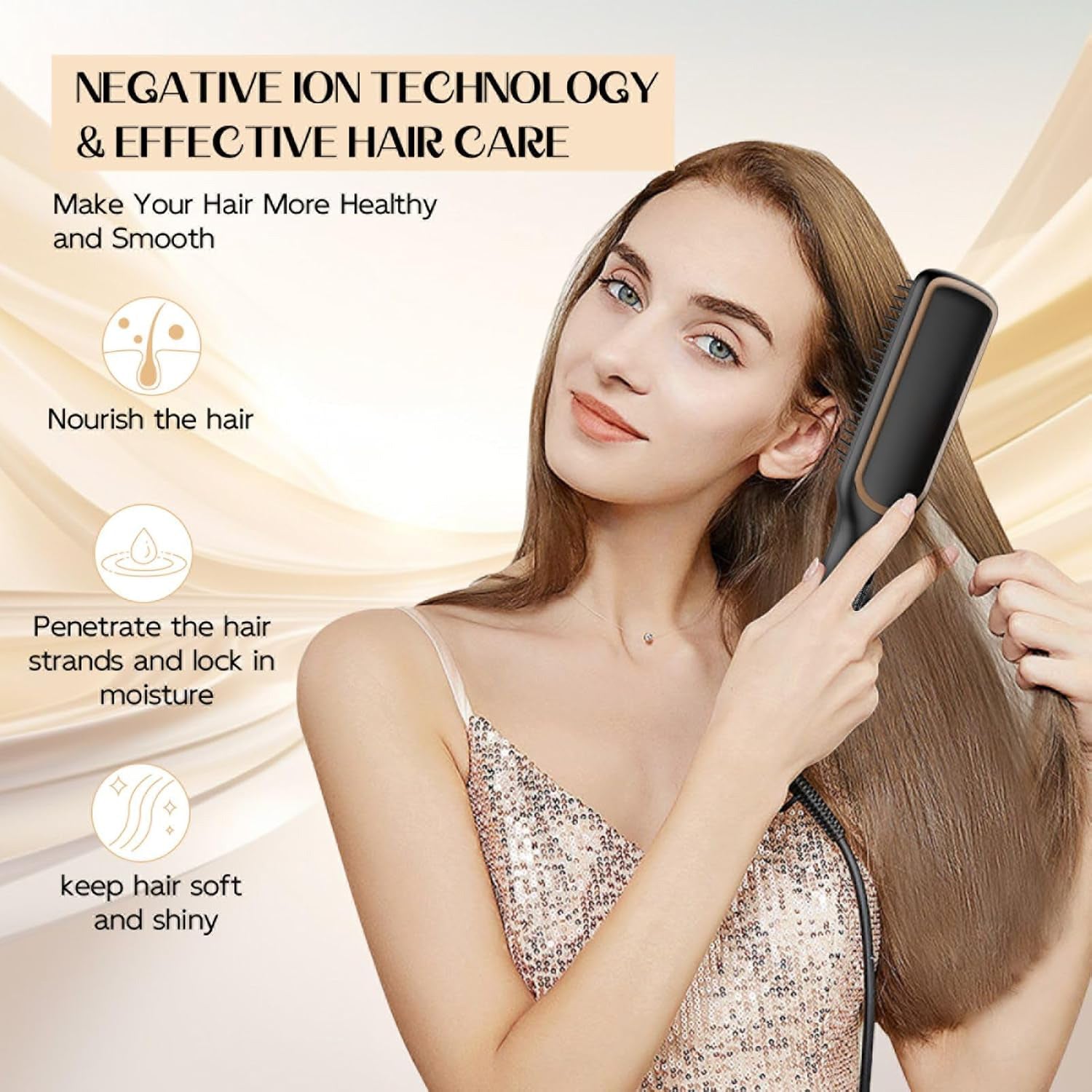 NICEBAY Straightener Brush with LED Display, 6 Temp Settings, Auto-Off Straightener Comb for Women, Straightening Brush