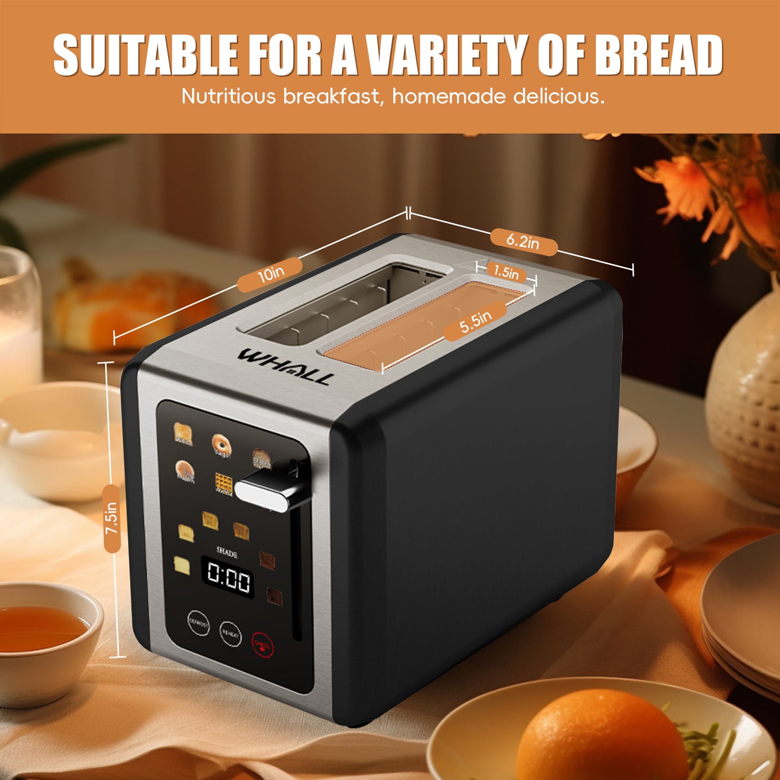 WHALLULTRA 2 Slice Touchscreen Toaster - 1.5" Wide Slots, Stainless Steel Body, Bagel/Defrost Modes, 850W Efficient Toaster, Black