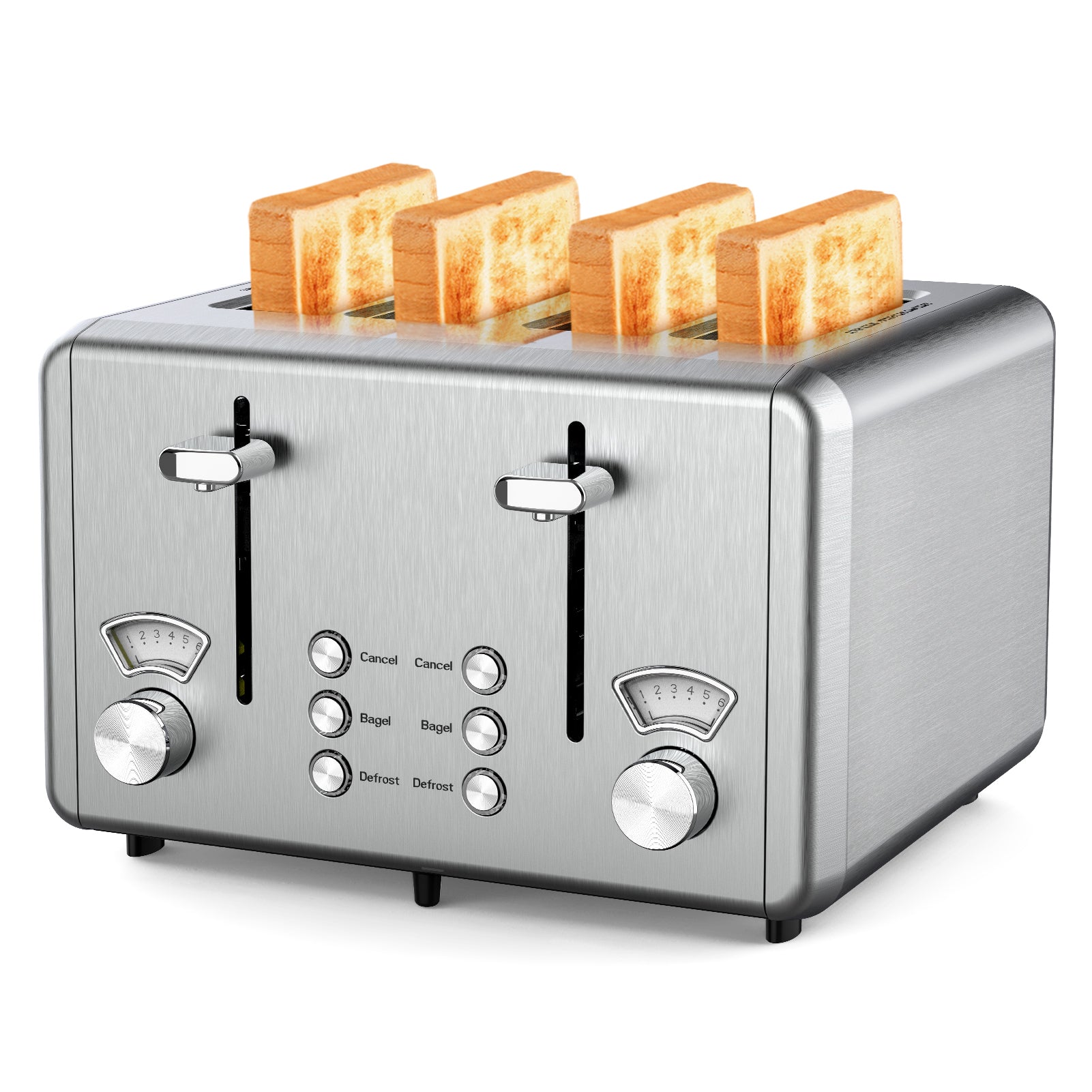 WHALL Silver 4‑Slice Bagel Toaster, Stainless Steel, Dual Control Panels, 6 Shade Settings
