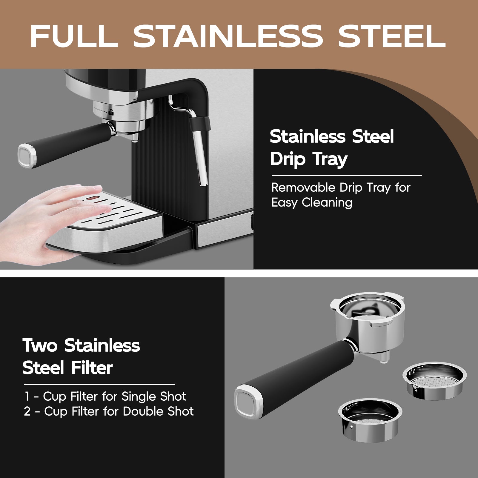 WHALL 20 Bar Touchscreen Espresso Machine with Milk Frother Steam Wand, Stainless Steel